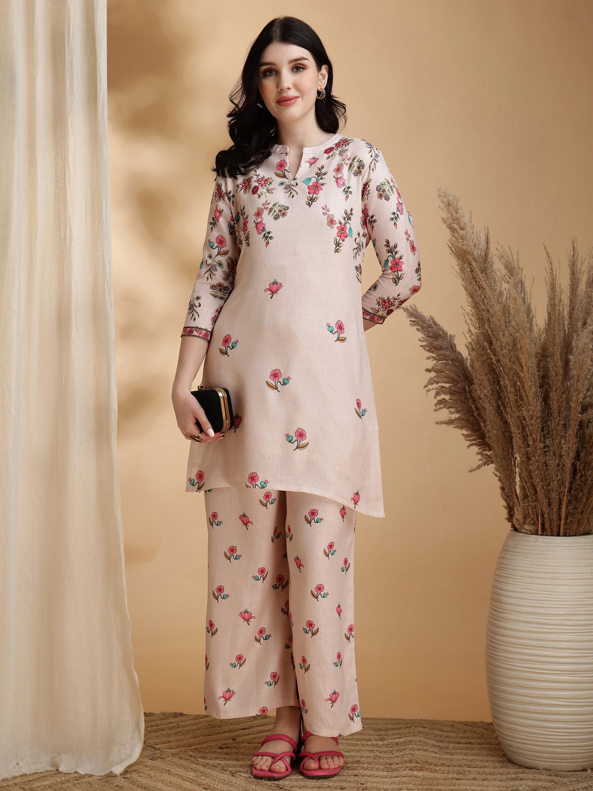 Floral Print Linen Co-Ord Set with Tunic and Palazzo in Beige