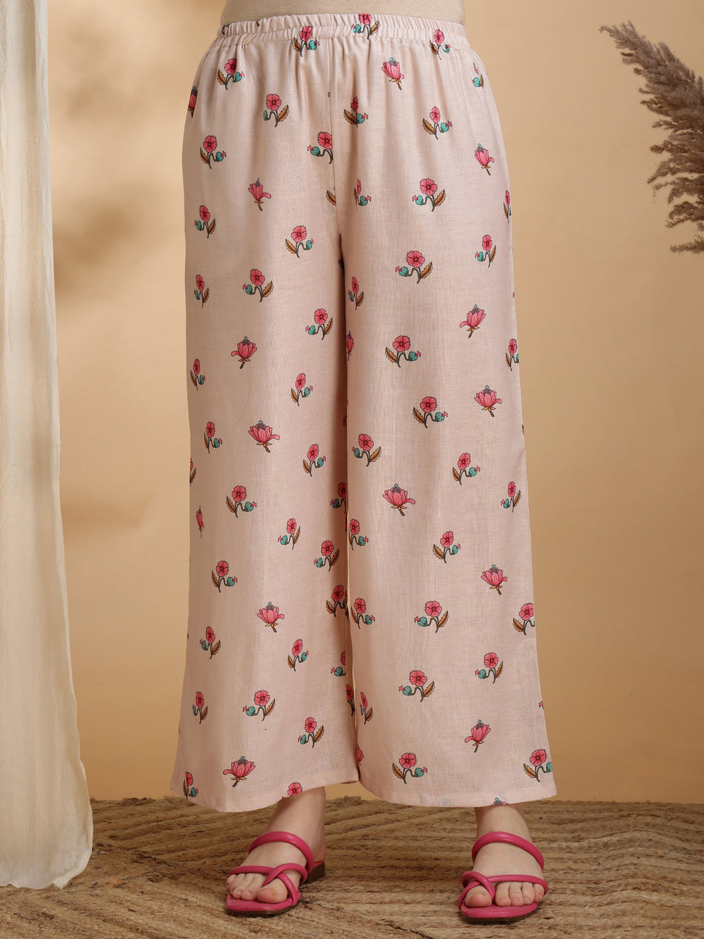 Floral Print Linen Co-Ord Set with Tunic and Palazzo in Beige