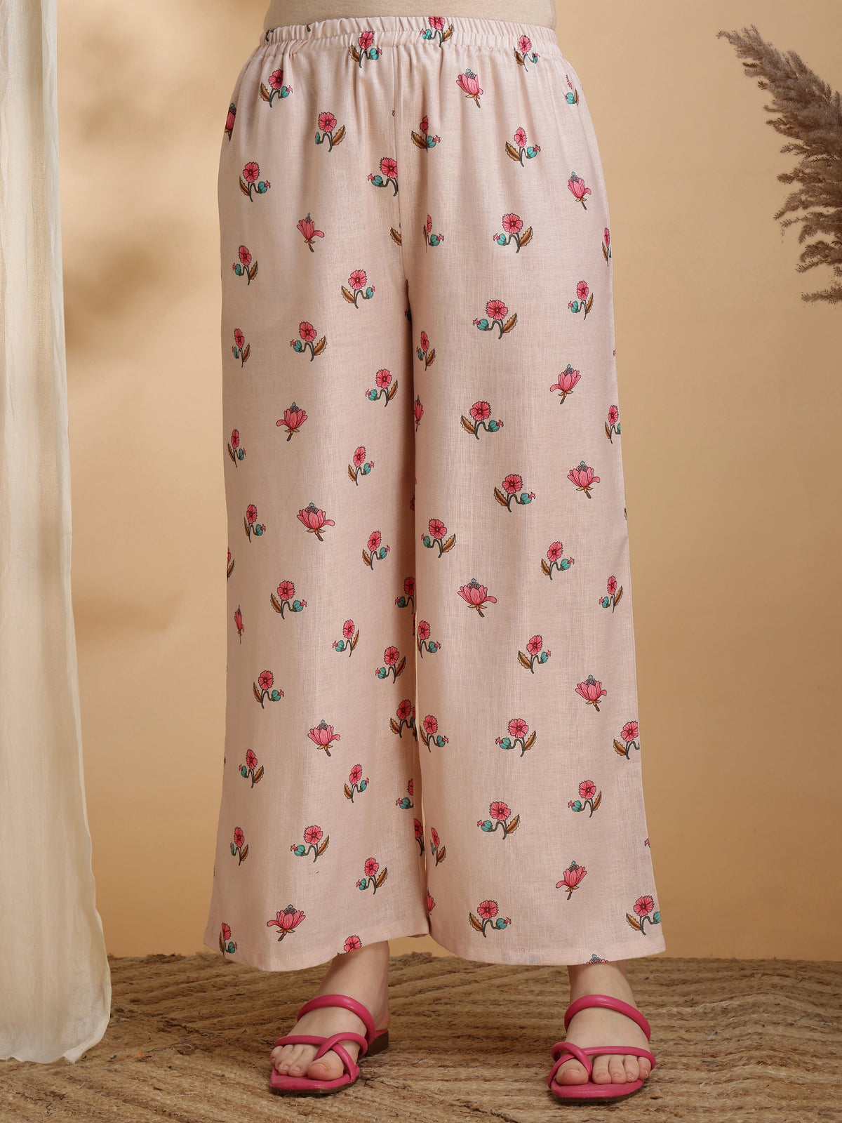 Floral Print Linen Co-Ord Set with Tunic and Palazzo in Beige