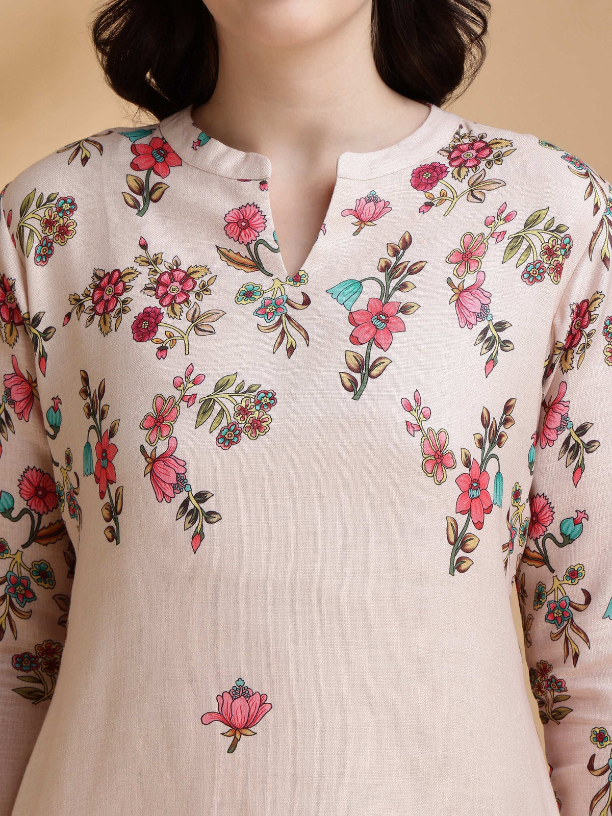 Floral Print Linen Co-Ord Set with Tunic and Palazzo in Beige
