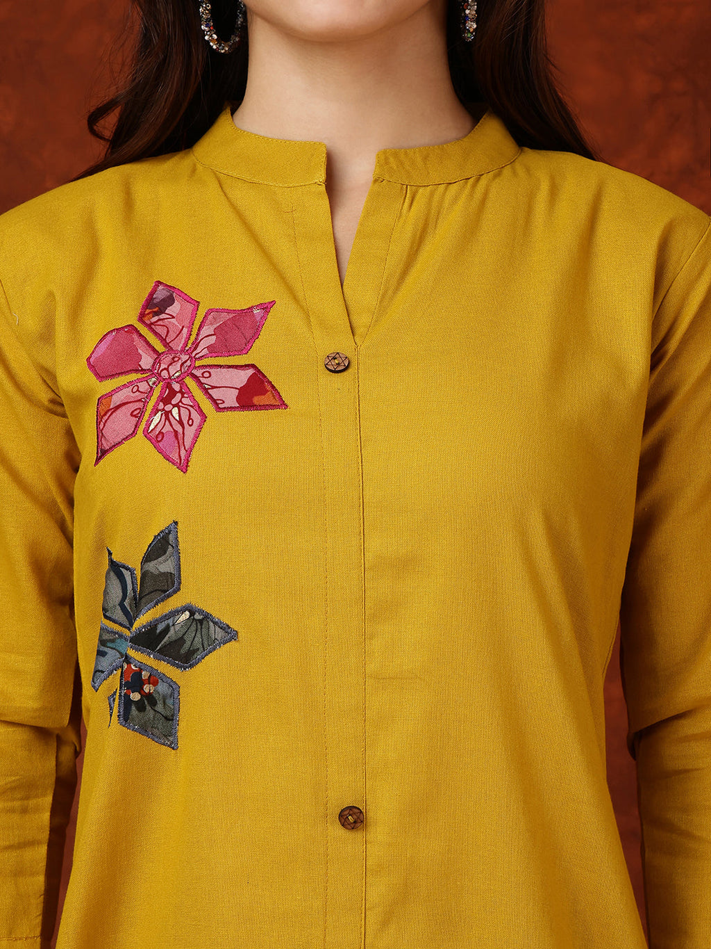 Mustard Placement Floral Front Buttoned Kurta and Pant Set