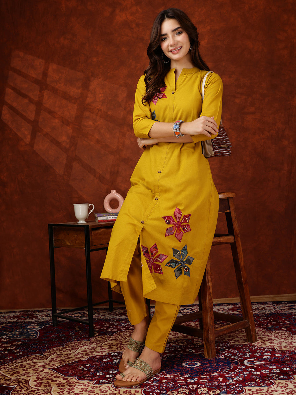 Mustard Placement Floral Front Buttoned Kurta and Pant Set