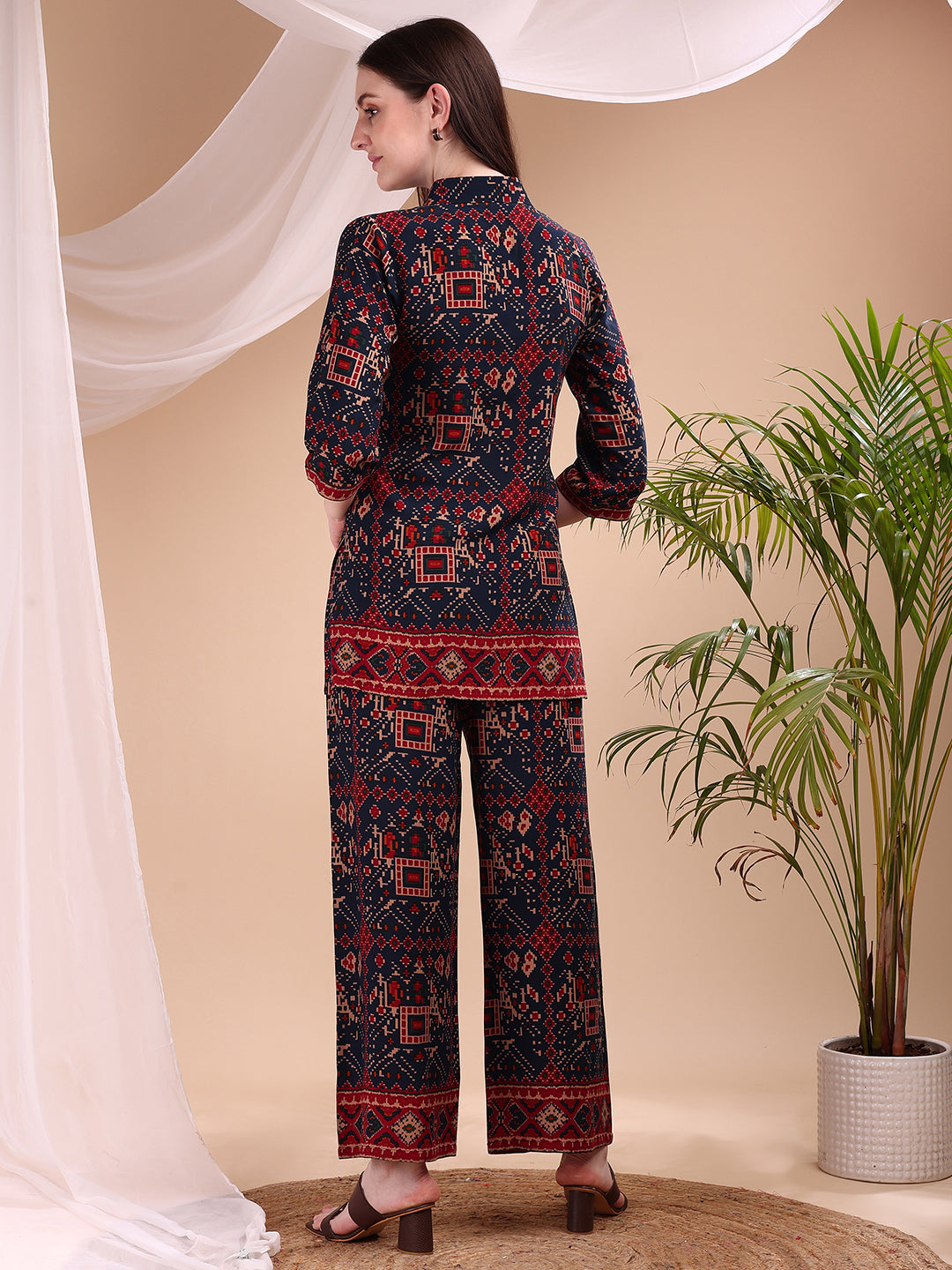 Navy Blue Printed Co-Ord Set with Shirt and Palazzo Trousers