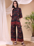 Navy blue printed co-ord set with collared shirt and matching palazzo pants