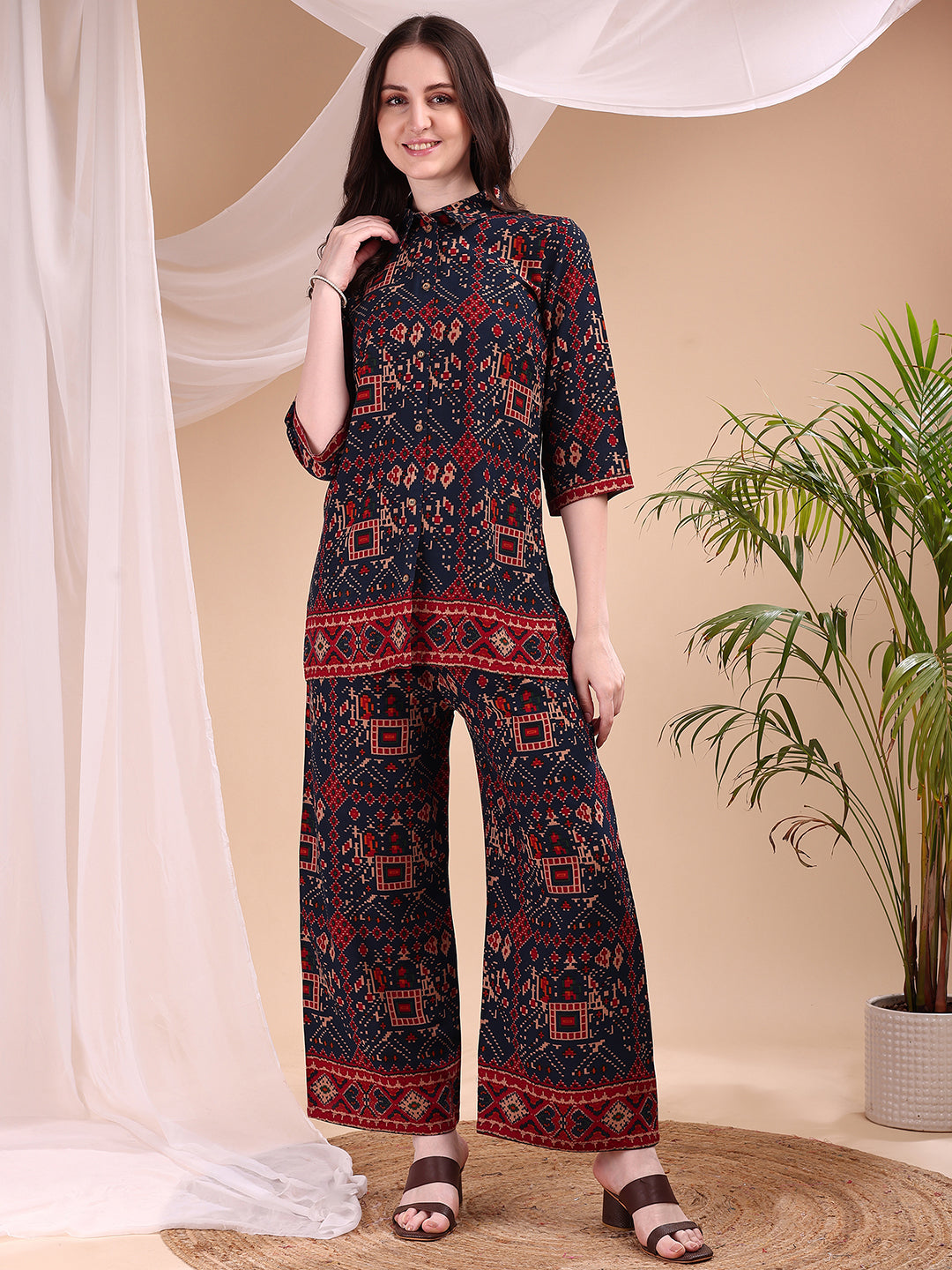 Navy blue printed co-ord set with collared shirt and matching palazzo pants