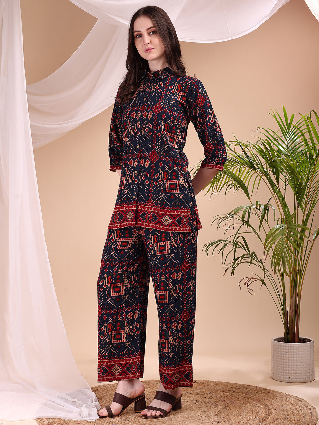 Navy Blue Printed Co-Ord Set with Shirt and Palazzo Trousers