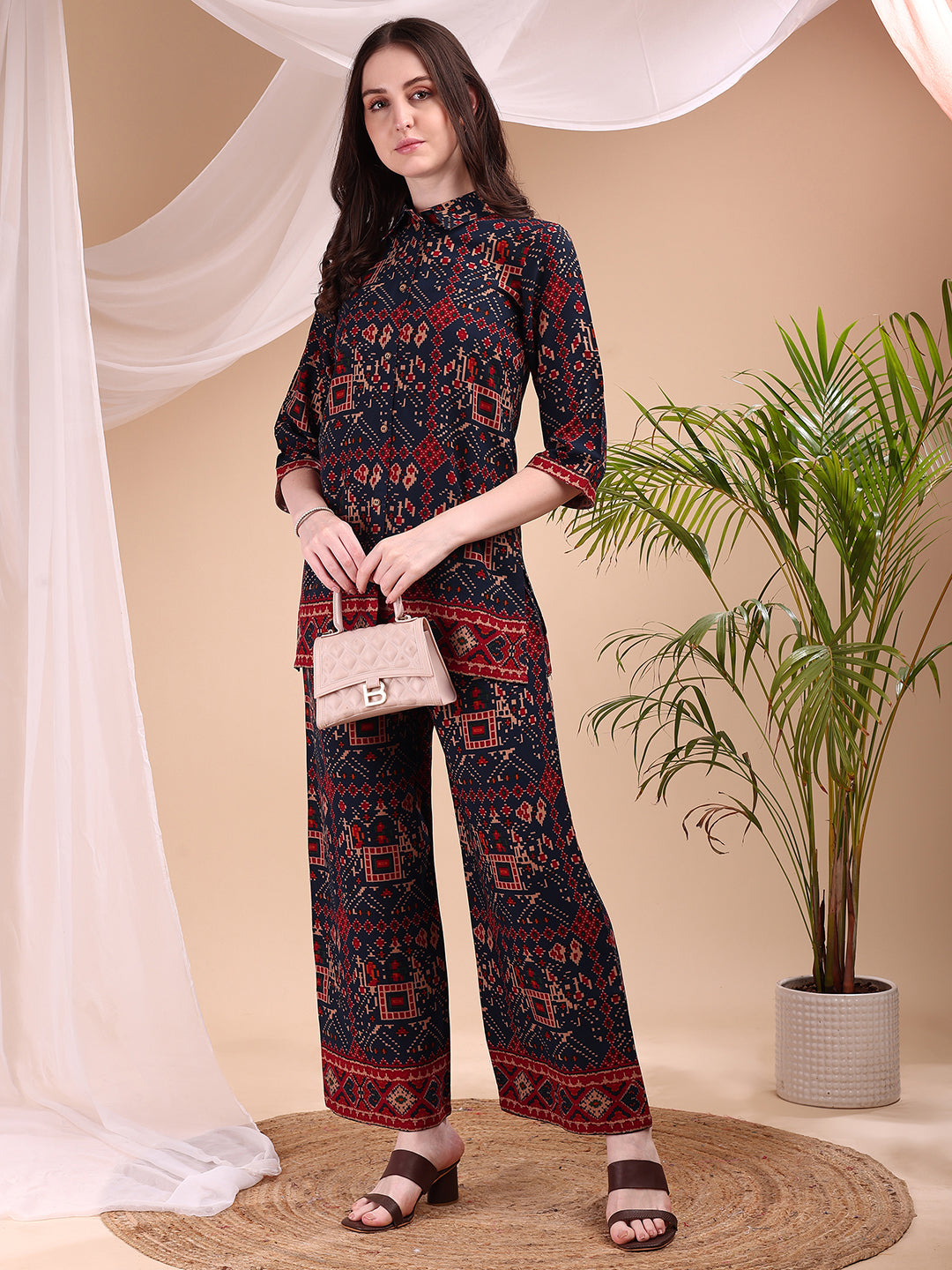 Navy Blue Printed Co-Ord Set with Shirt and Palazzo Trousers