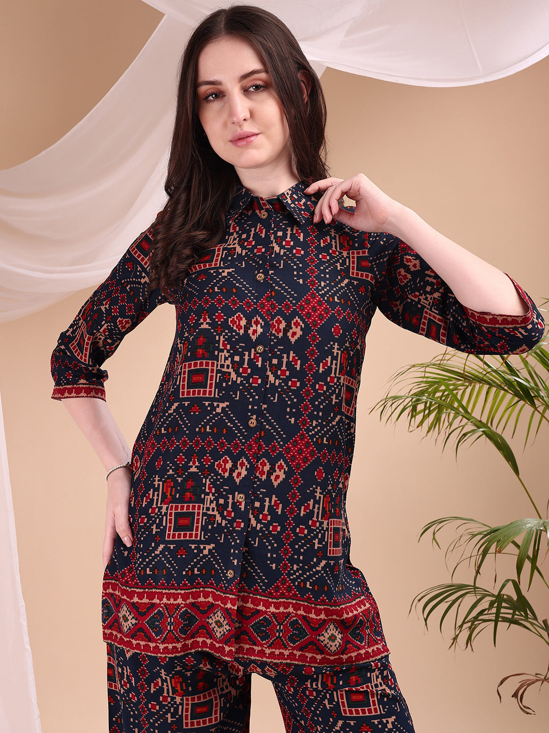 Navy Blue Printed Co-Ord Set with Shirt and Palazzo Trousers