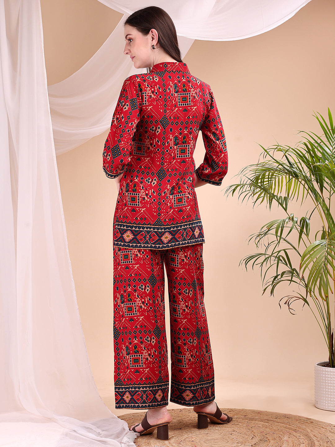 Red Printed Co-Ord Set with Collar Neck Shirt and Palazzo Pants