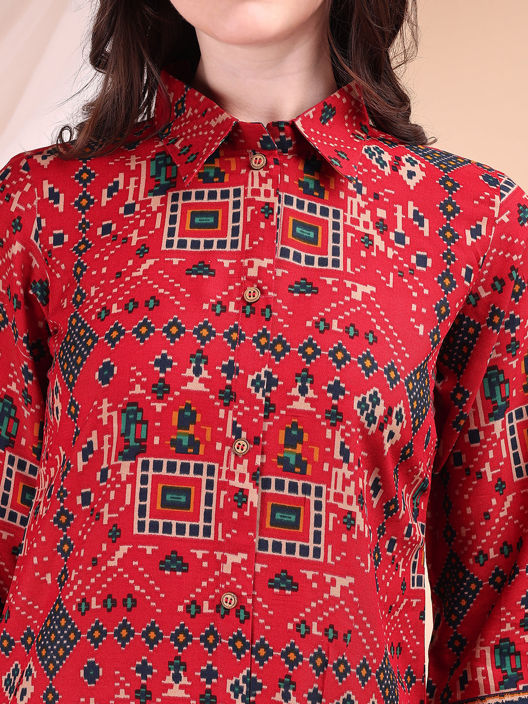 Red Printed Co-Ord Set with Collar Neck Shirt and Palazzo Pants