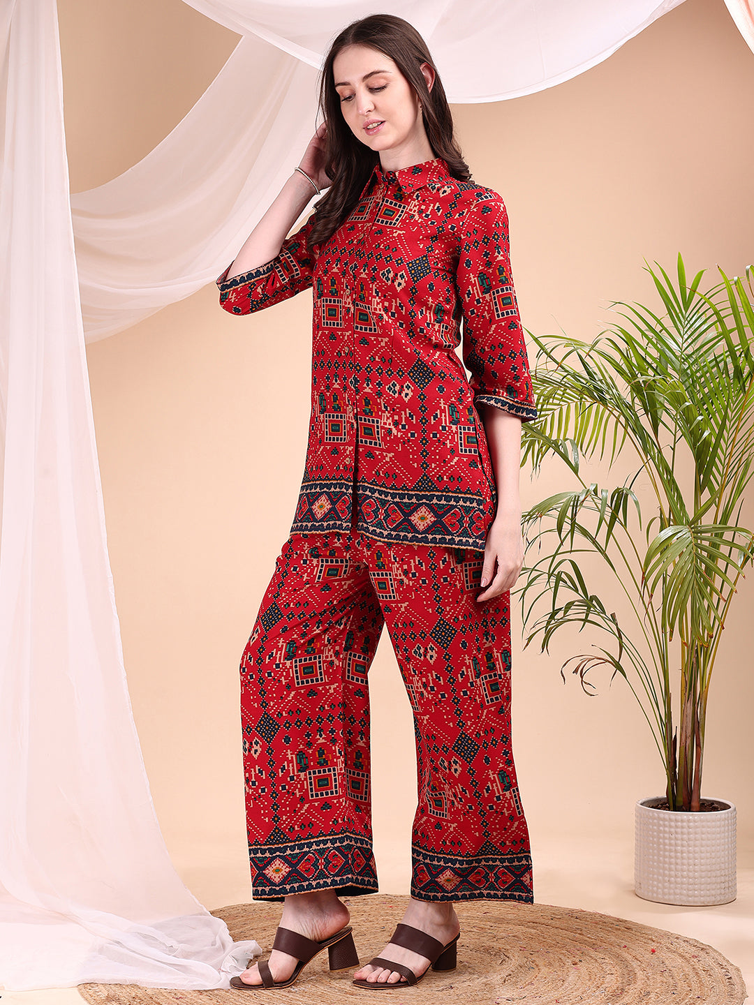Red Printed Co-Ord Set with Collar Neck Shirt and Palazzo Pants