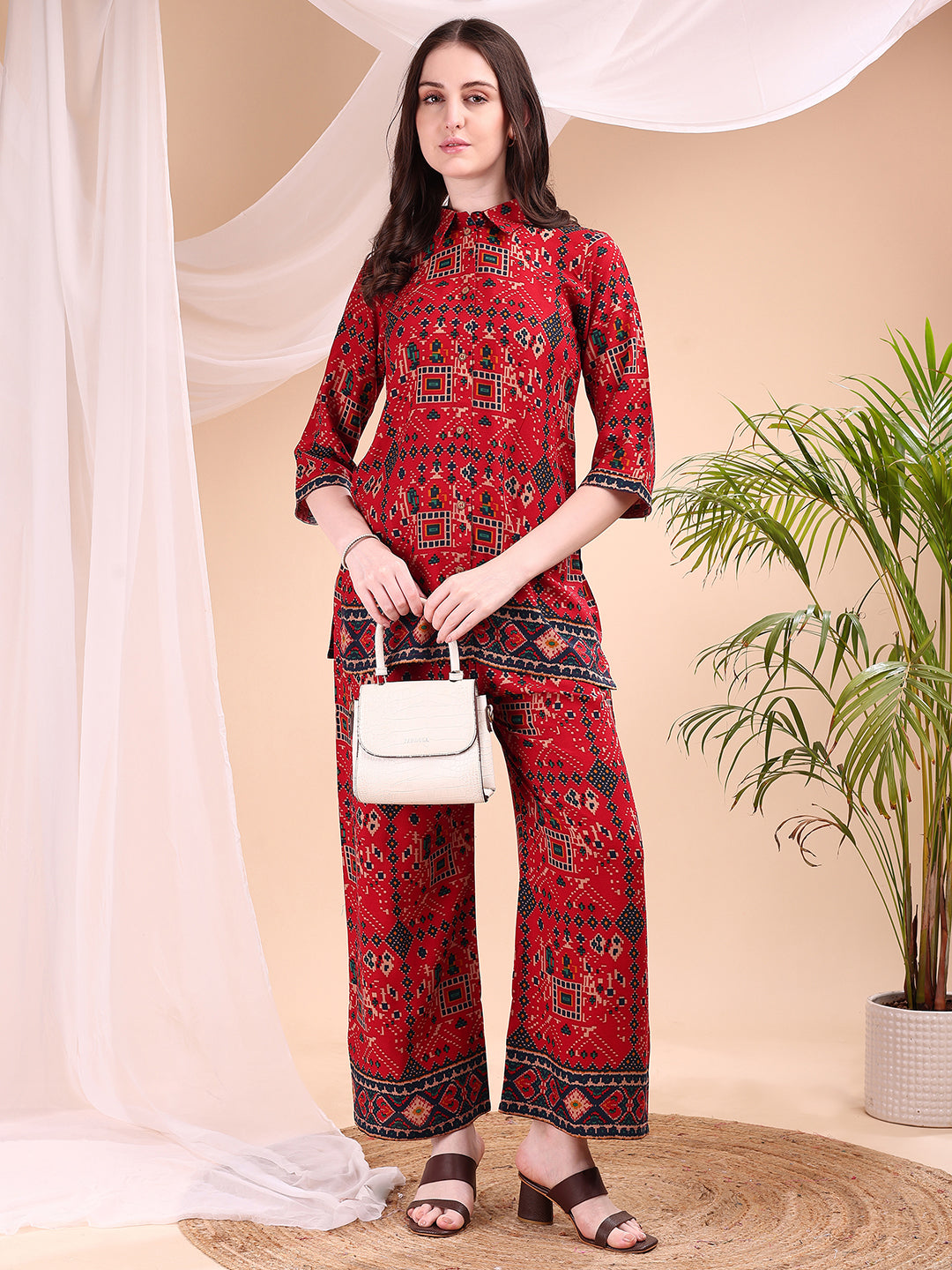 Red Printed Co-Ord Set with Collar Neck Shirt and Palazzo Pants