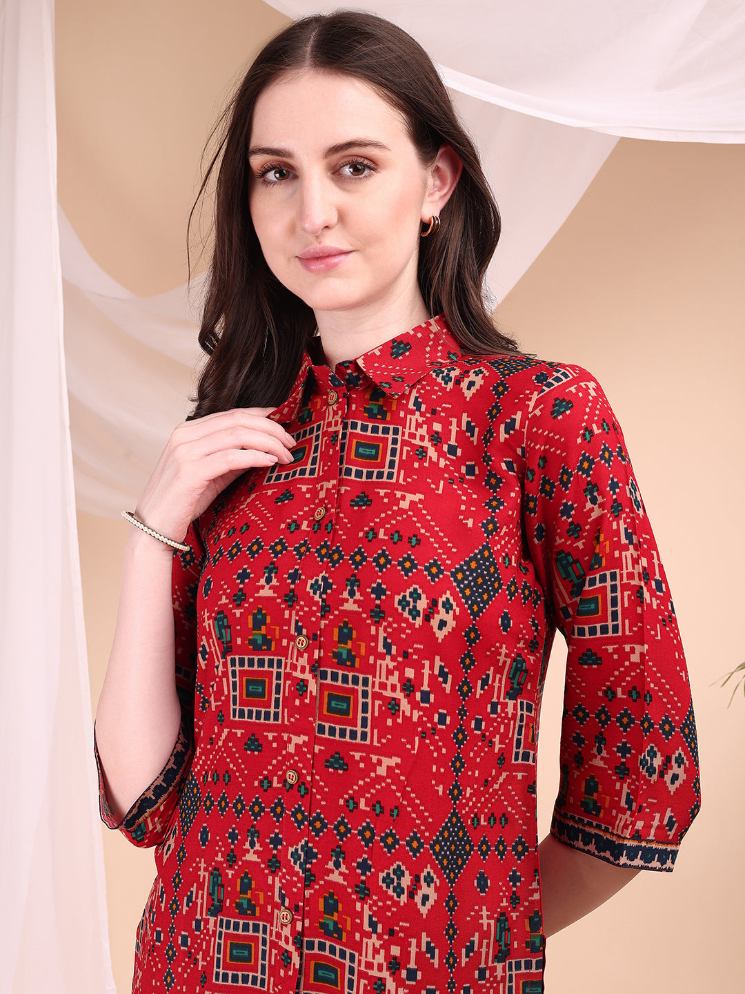 Red Printed Co-Ord Set with Collar Neck Shirt and Palazzo Pants