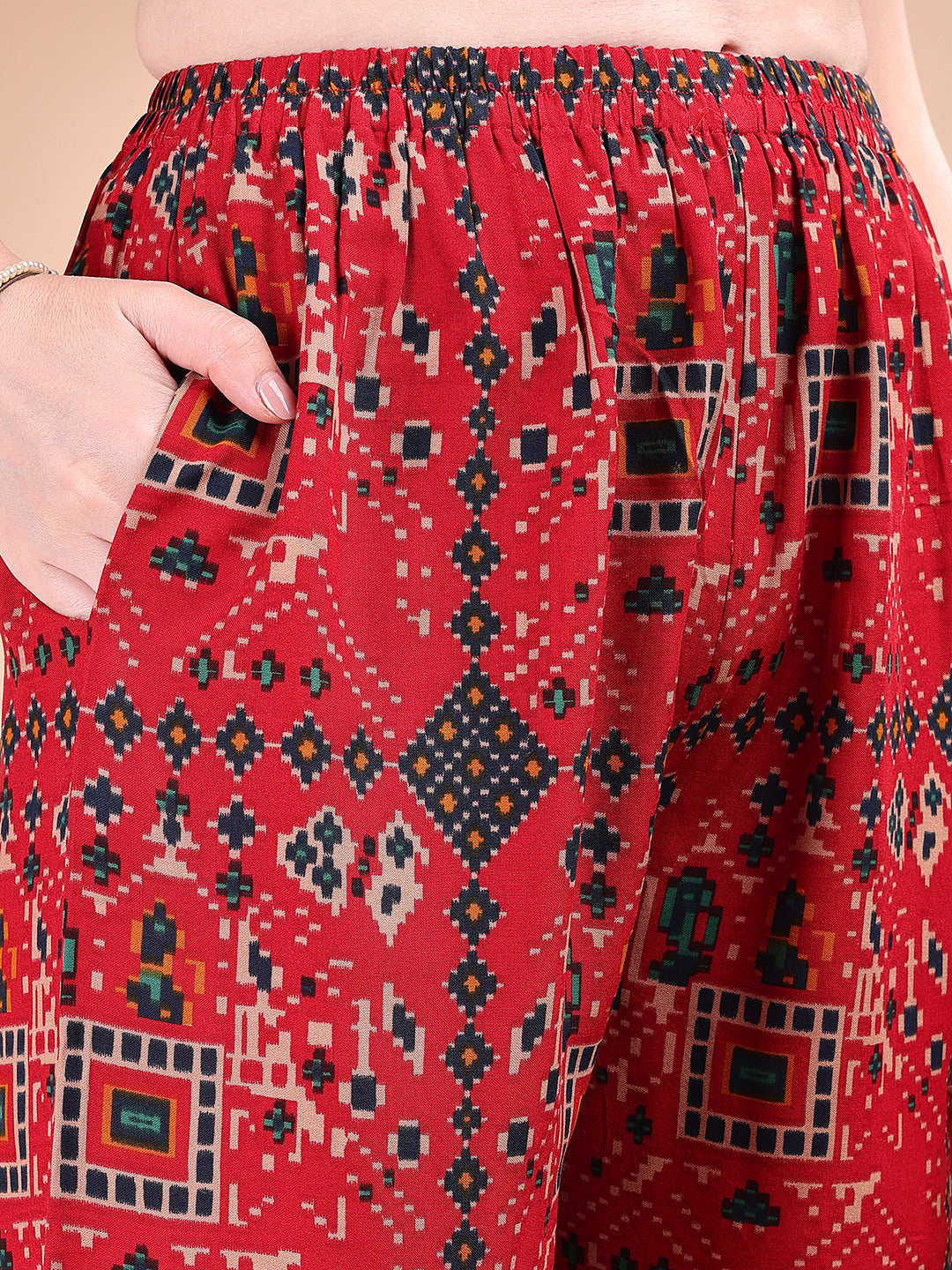 Red Printed Co-Ord Set with Collar Neck Shirt and Palazzo Pants