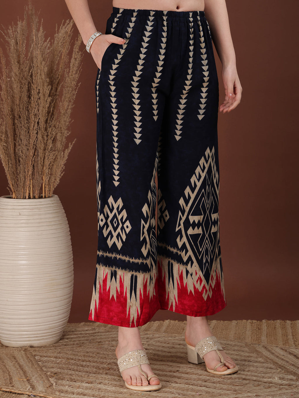 Navy Blue Indie Printed Co-Ord Set with Tunic and Palazzo Pants