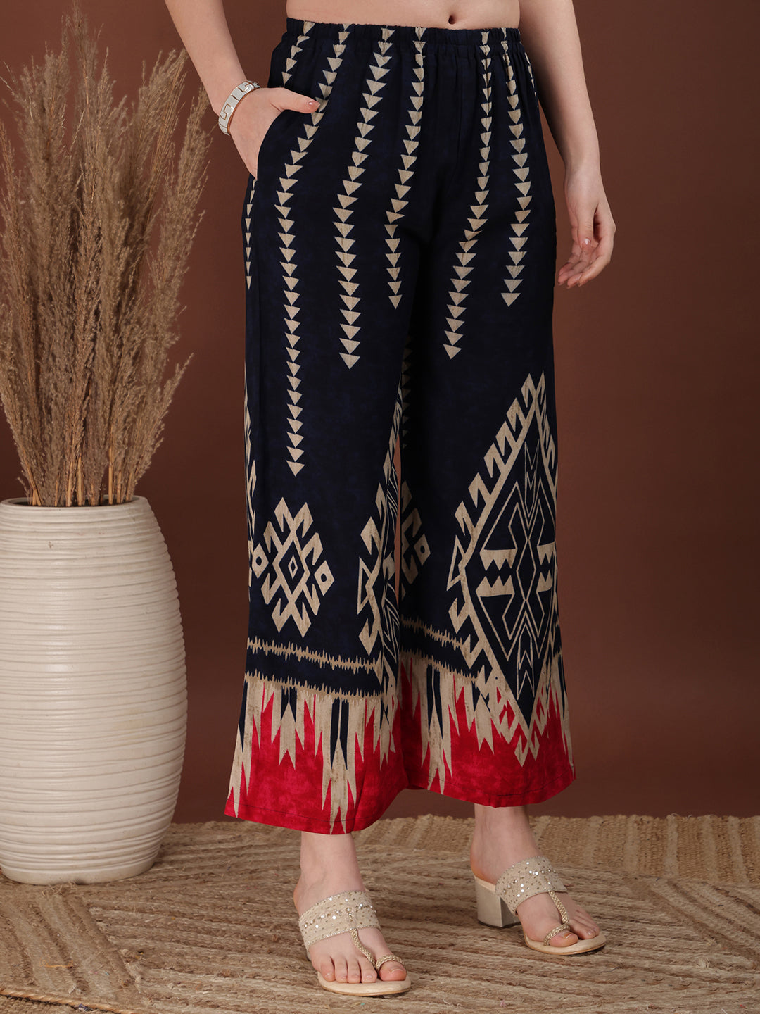 Navy Blue Indie Printed Co-Ord Set with Tunic and Palazzo Pants