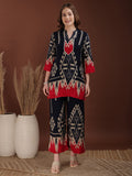 Woman wearing a Navy Blue Indie Printed Tunic and Palazzo co-ord set made from soft rayon fabric.