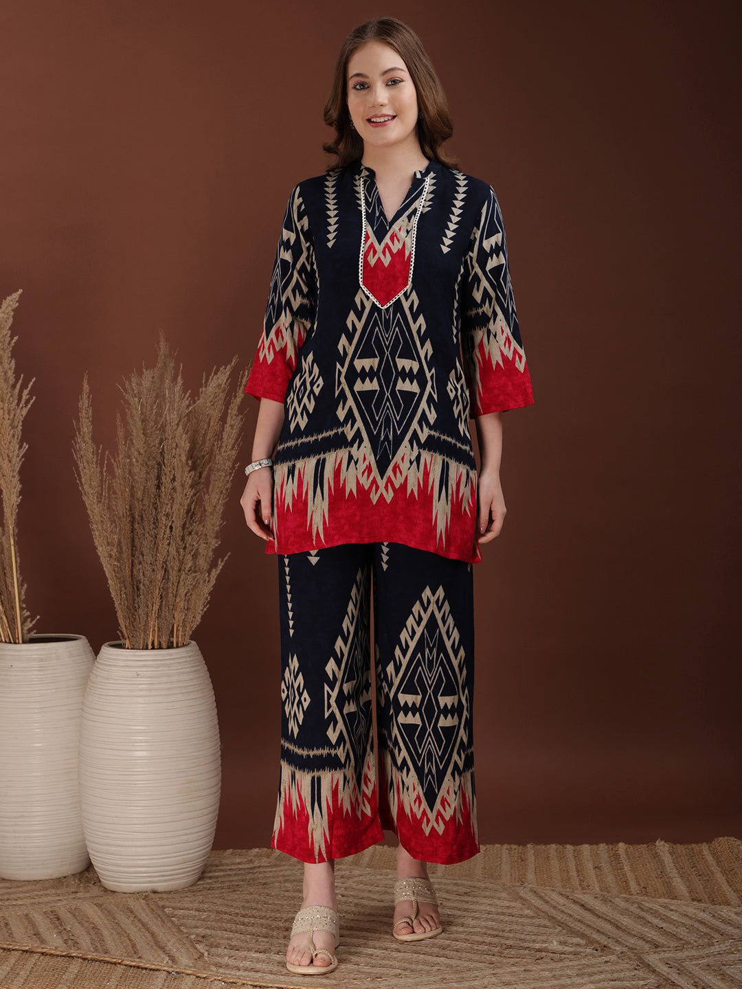 Woman wearing a Navy Blue Indie Printed Tunic and Palazzo co-ord set made from soft rayon fabric.