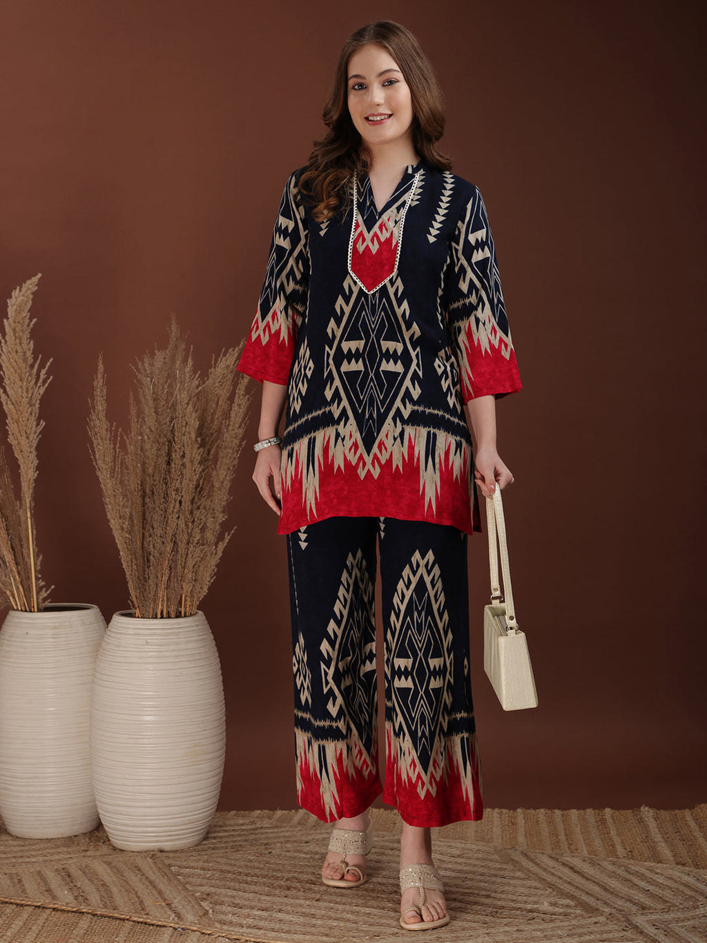 Navy Blue Indie Printed Co-Ord Set with Tunic and Palazzo Pants