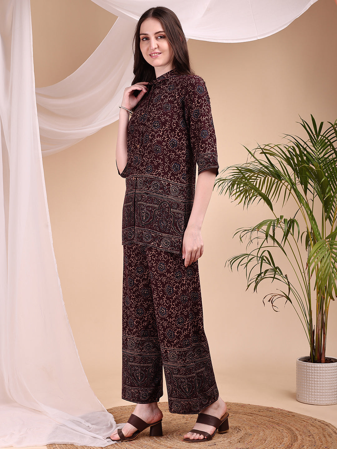 Maroon Floral and Paisley Print Co-ord Set with Shirt and Palazzo
