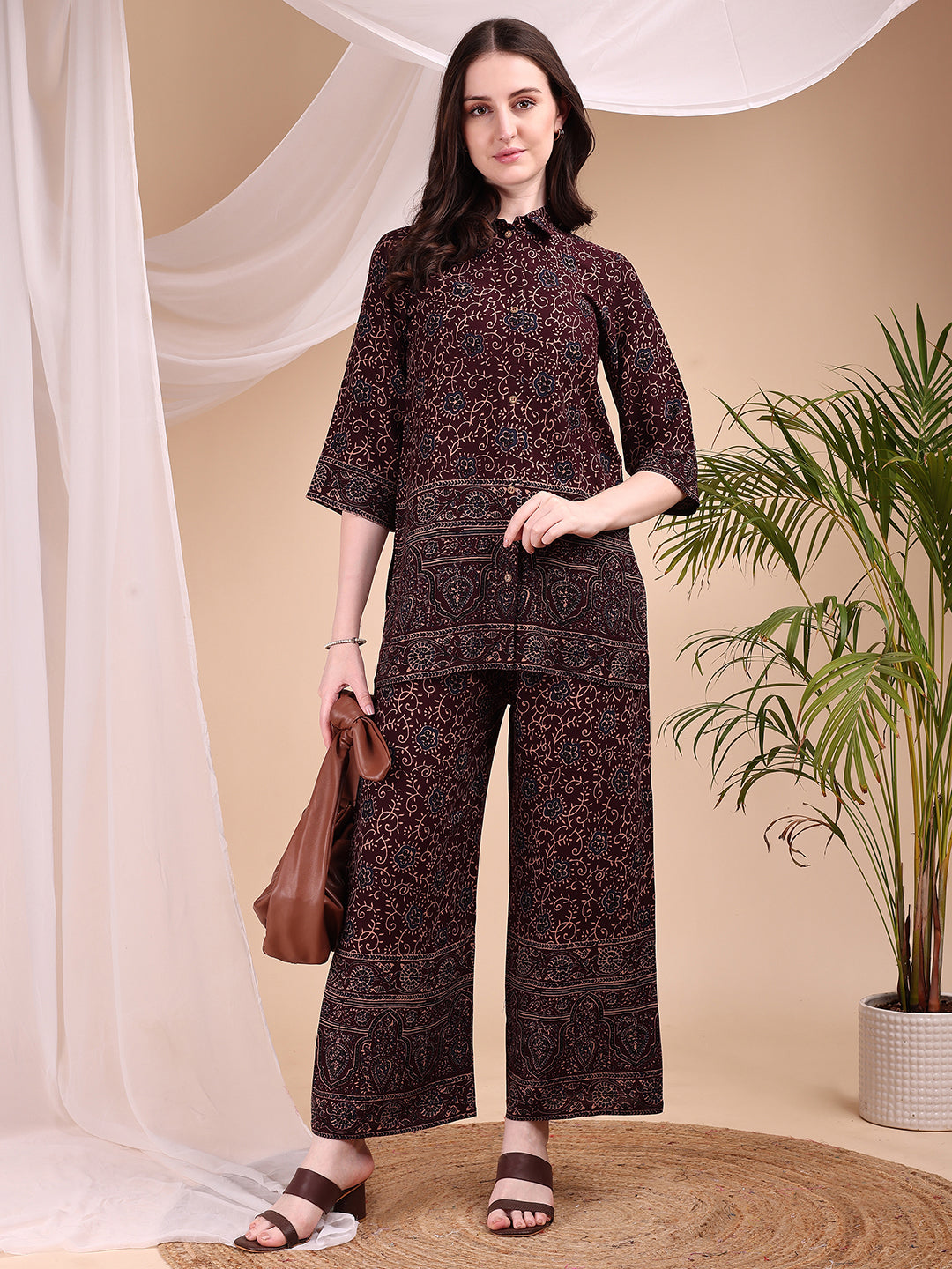 Maroon Floral and Paisley Print Co-ord Set with Shirt and Palazzo