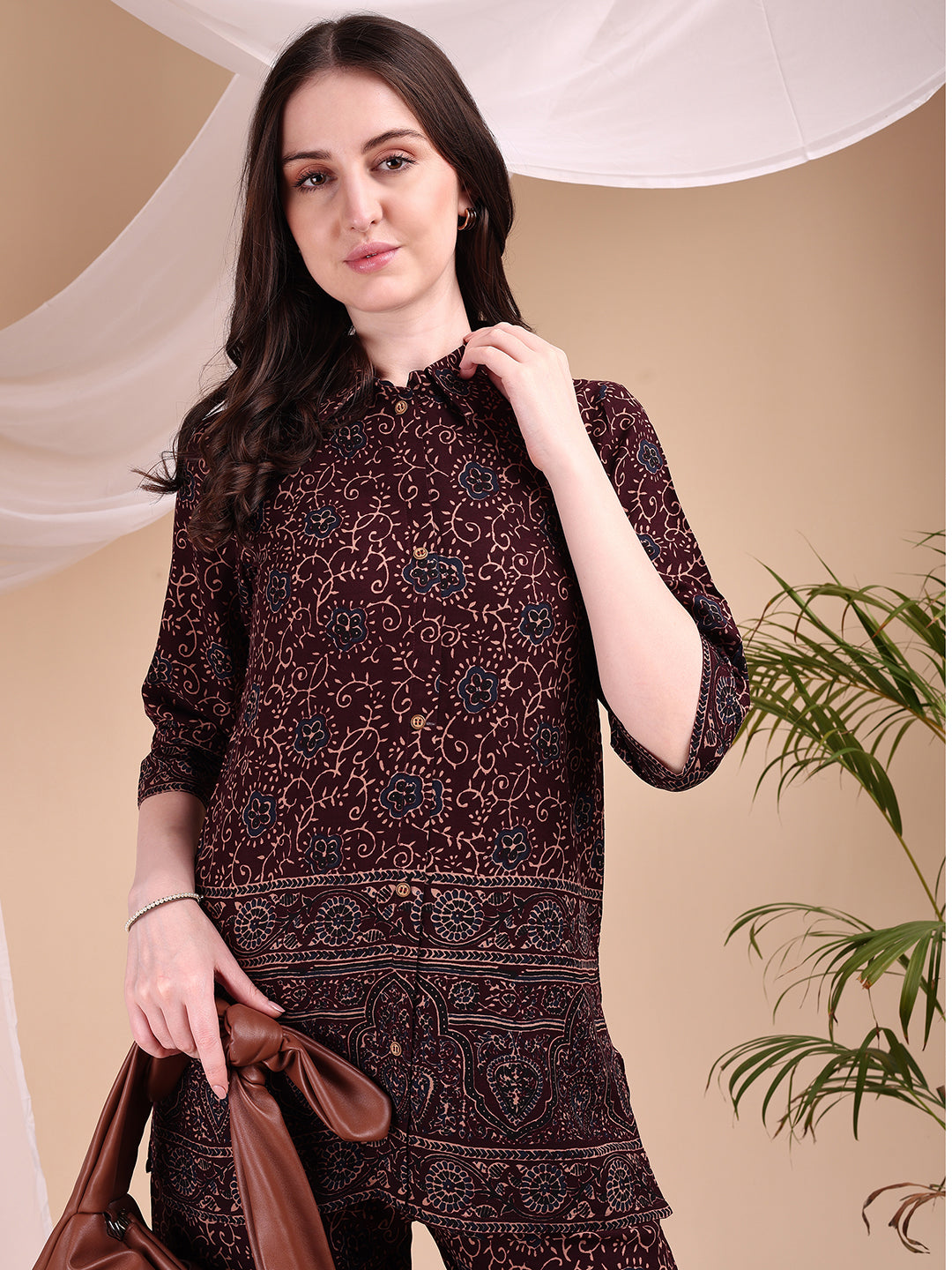 Maroon Floral and Paisley Print Co-ord Set with Shirt and Palazzo