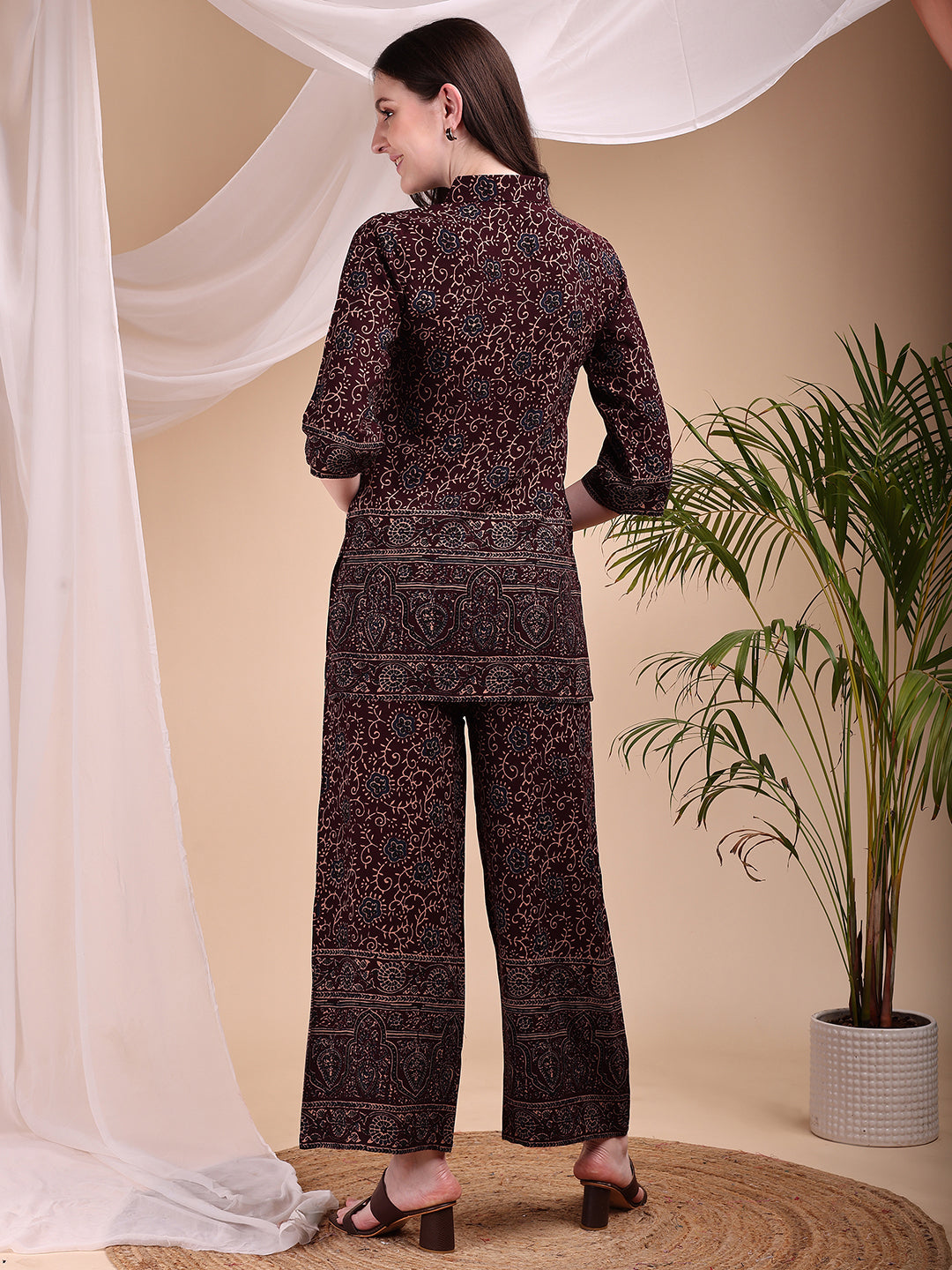 Maroon Floral and Paisley Print Co-ord Set with Shirt and Palazzo