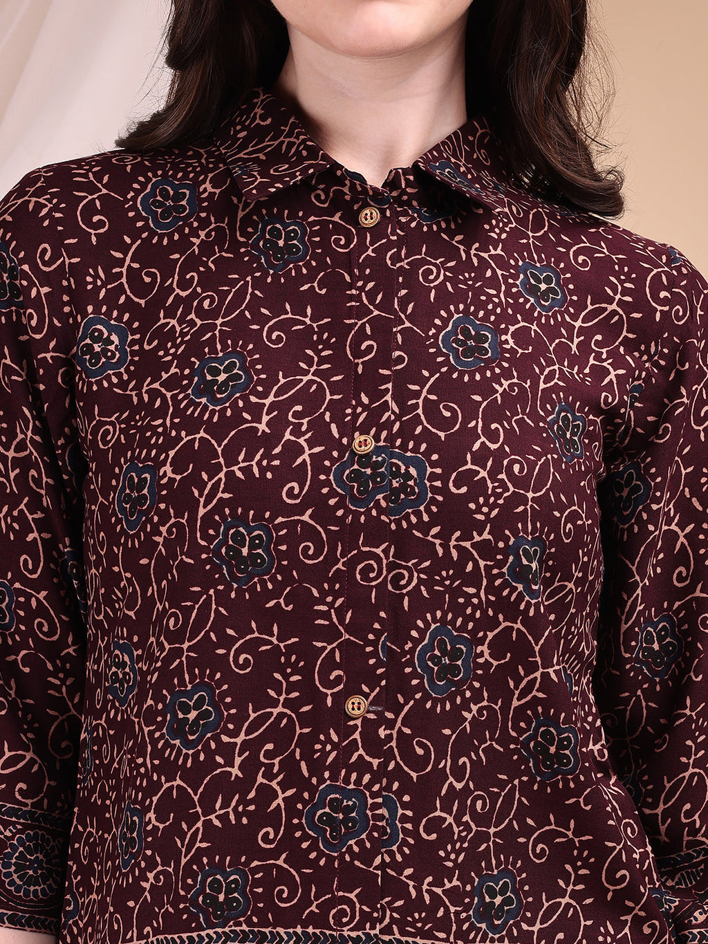 Maroon Floral and Paisley Print Co-ord Set with Shirt and Palazzo