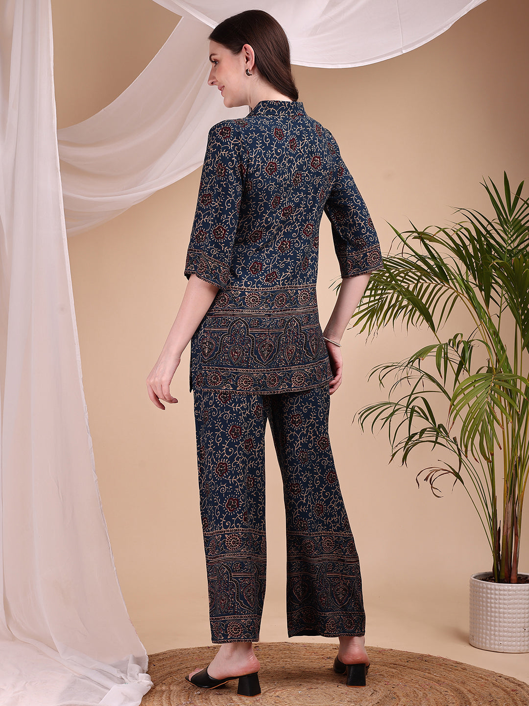 Navy Blue Floral and Paisley Print Co-ord Set with Palazzo Pants