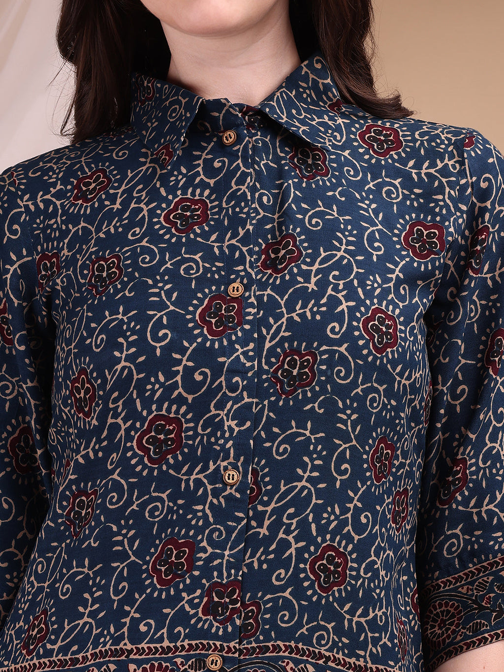 Navy Blue Floral and Paisley Print Co-ord Set with Palazzo Pants