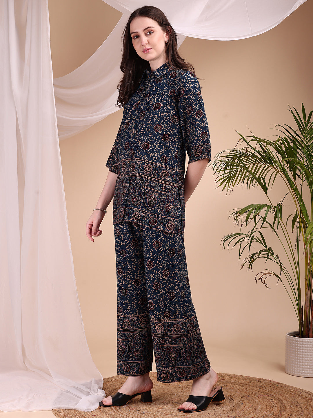Navy Blue Floral and Paisley Print Co-ord Set with Palazzo Pants