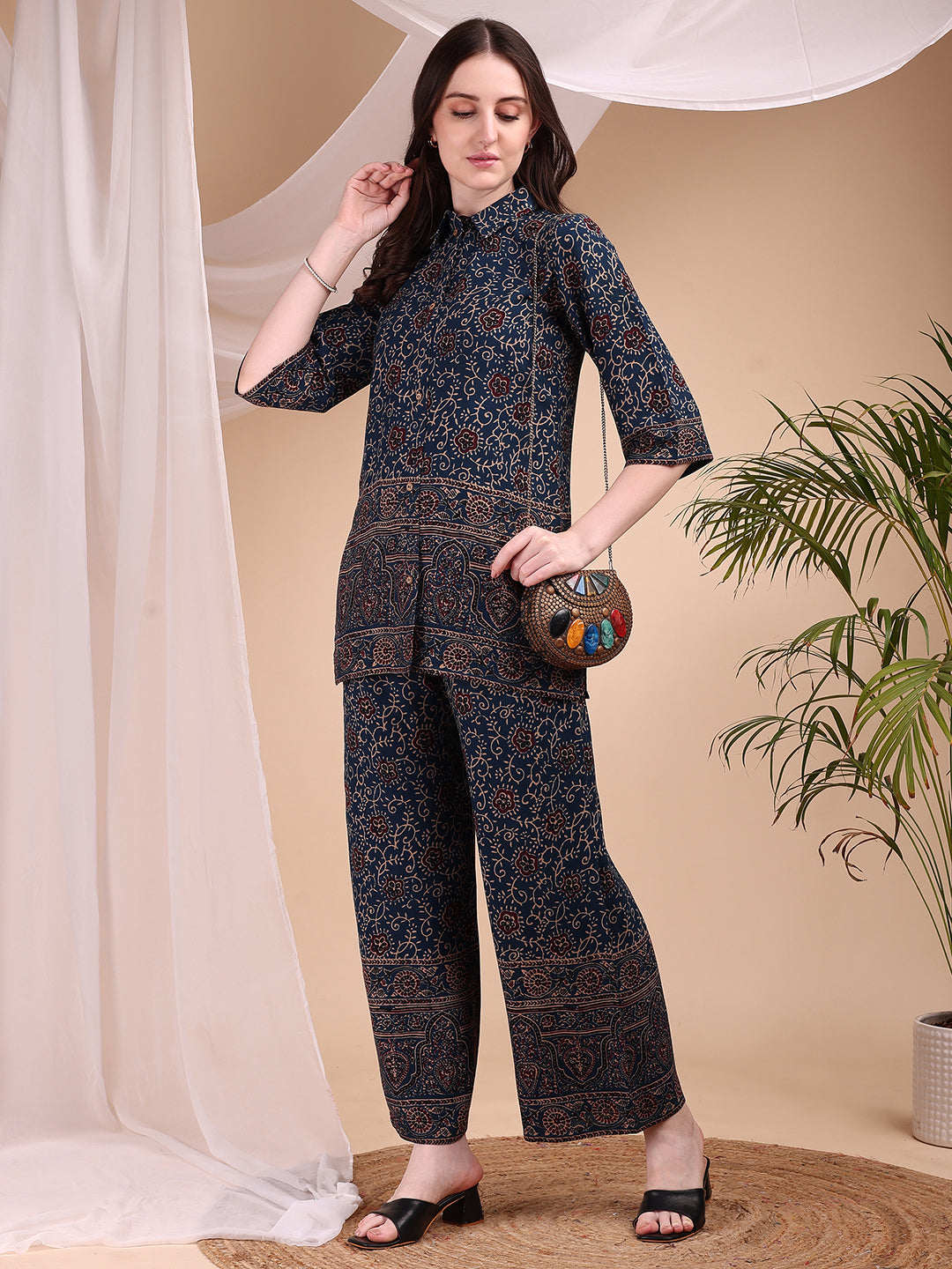 Navy Blue Floral and Paisley Print Co-ord Set with Palazzo Pants