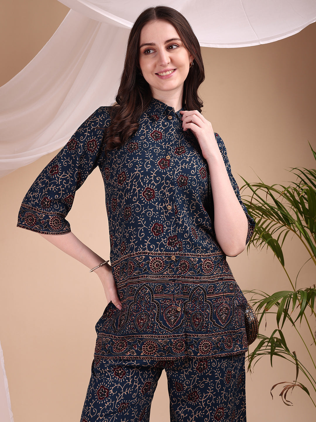 Navy Blue Floral and Paisley Print Co-ord Set with Palazzo Pants