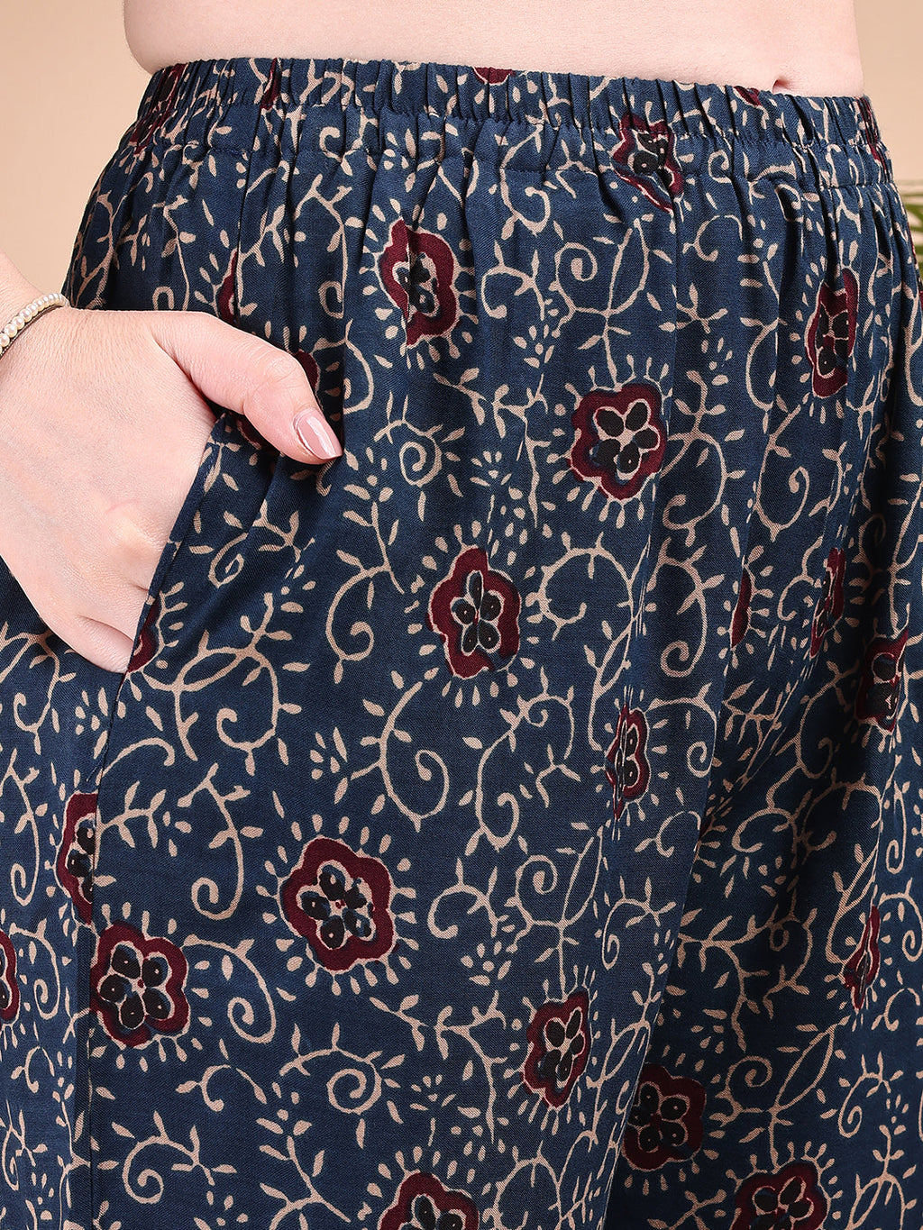 Navy Blue Floral and Paisley Print Co-ord Set with Palazzo Pants