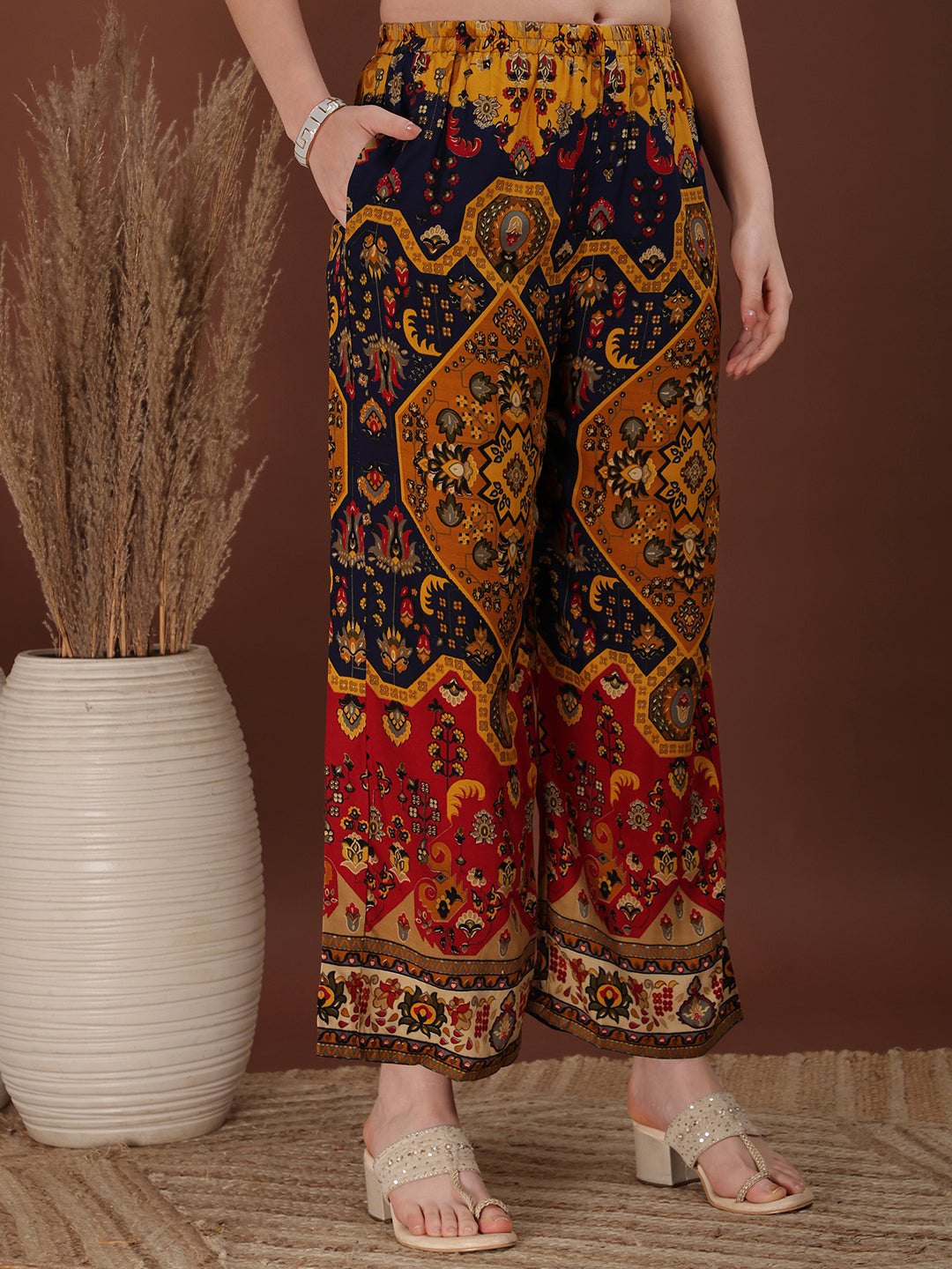 Mustard Floral & Geometrical Print Tunic and Palazzo Co-Ord Set