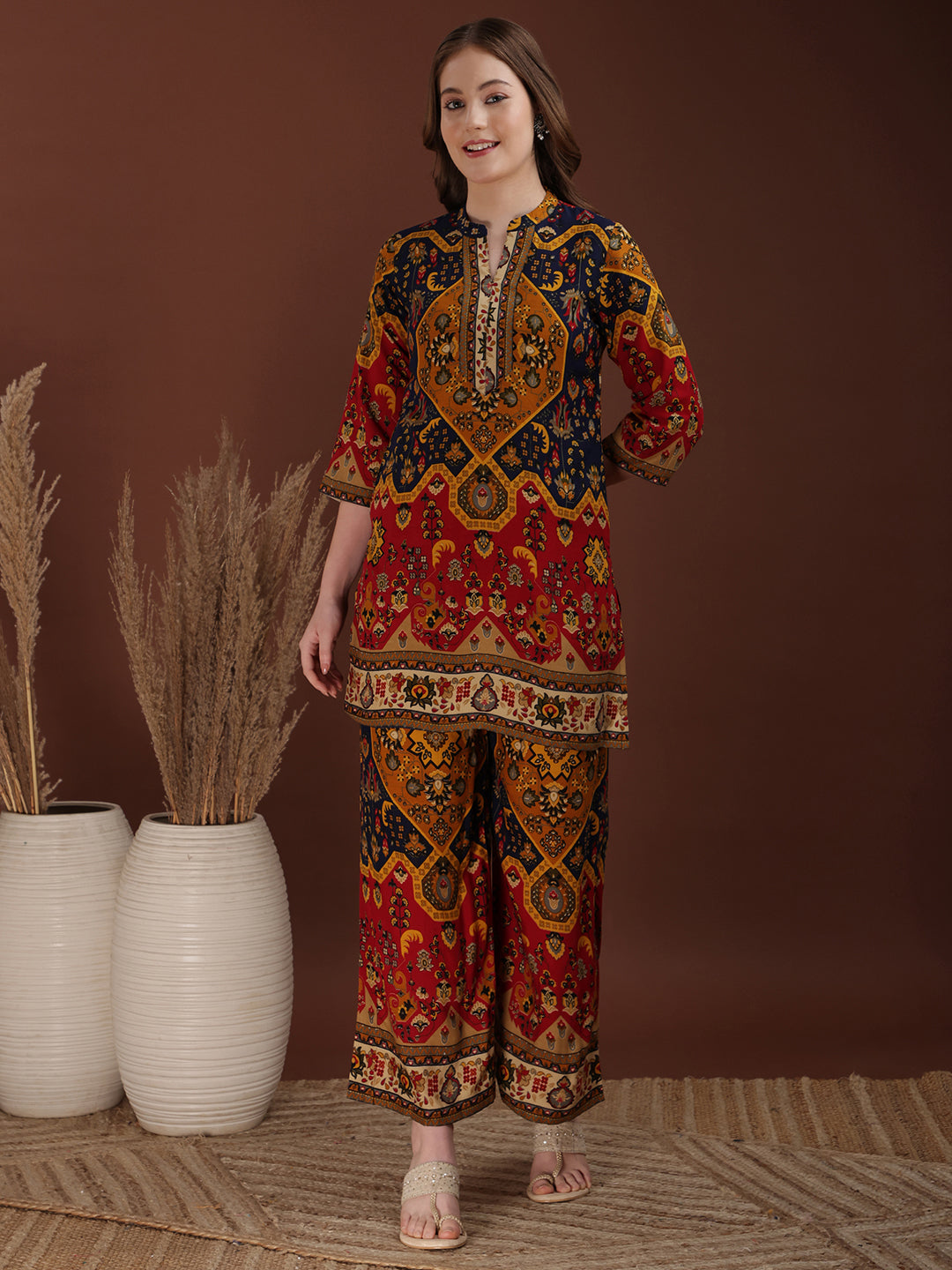 Mustard tunic and palazzo co-ord set with floral and geometric print