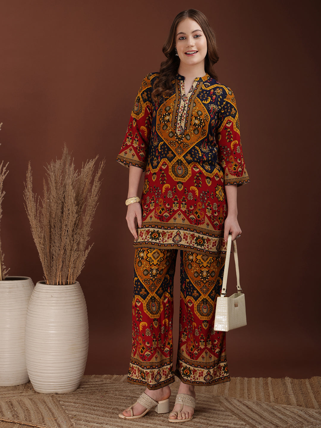 Mustard Floral & Geometrical Print Tunic and Palazzo Co-Ord Set