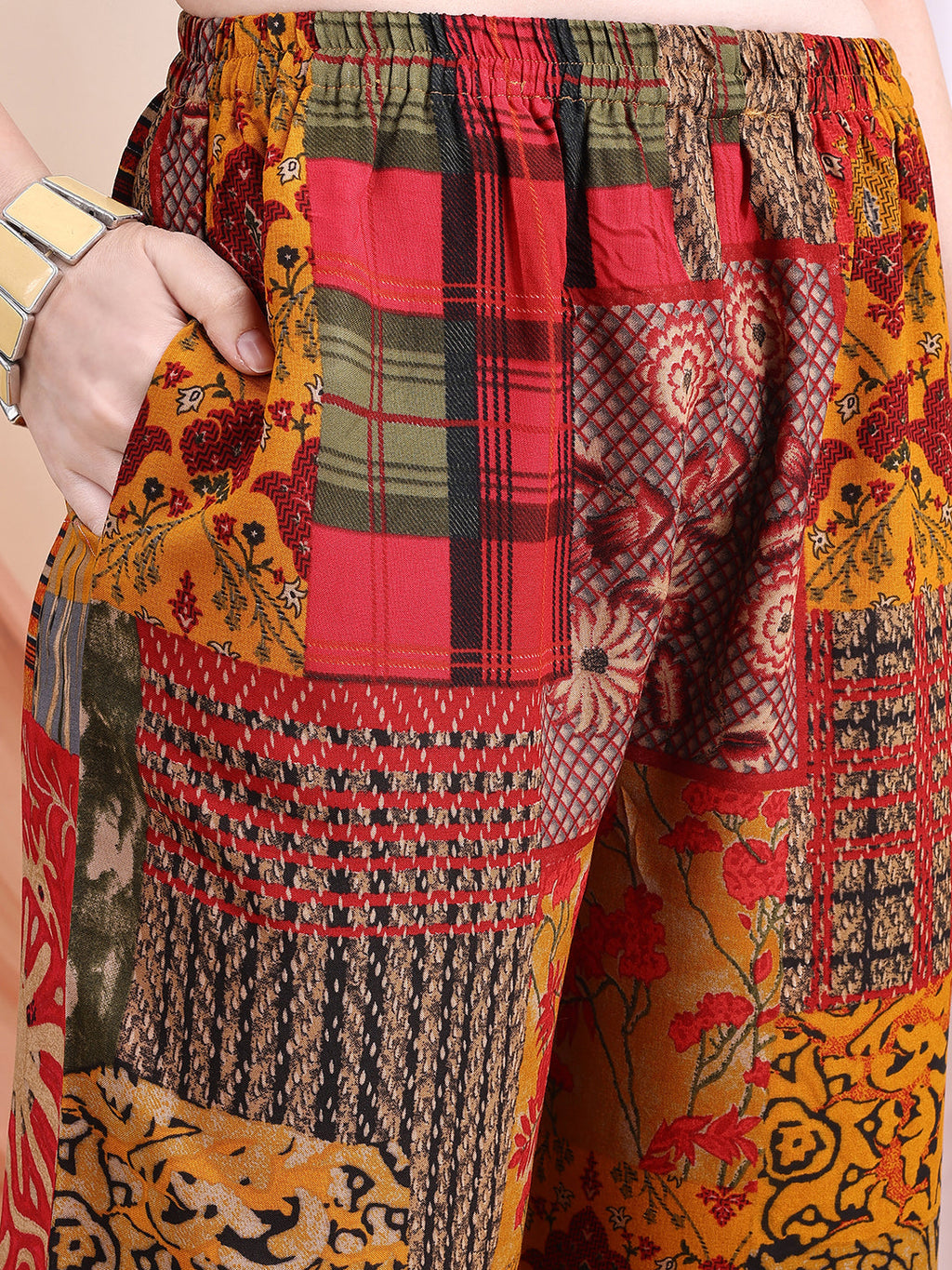 Red Floral and Paisley Motif Tunic and Palazzo Co-Ord Set