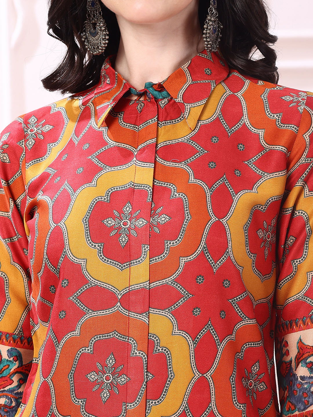 Vibrant Red Silk Co-Ord Set with Tunic and Palazzo Pants
