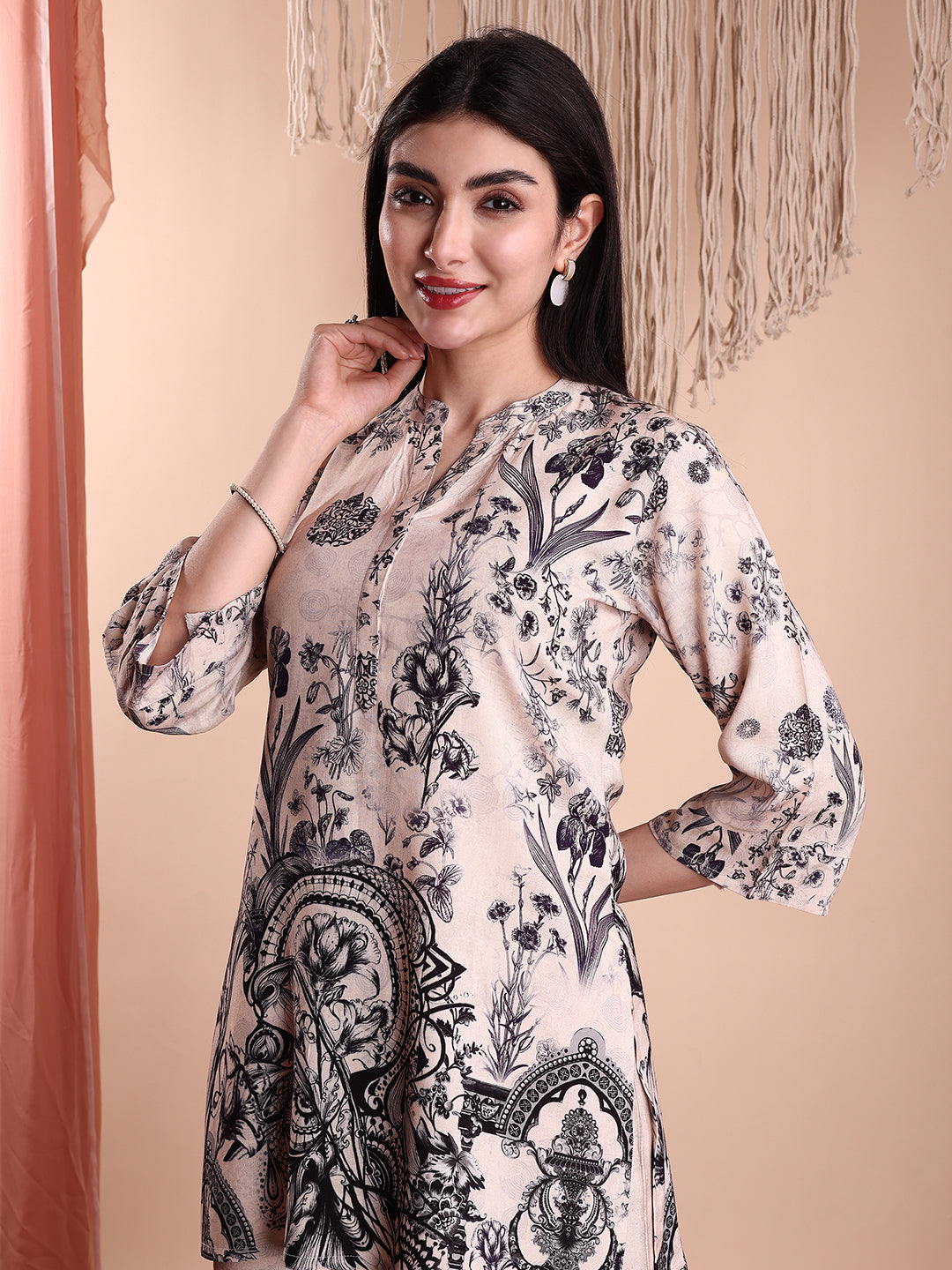 Beige Floral and Paisley Printed Tunic and Palazzo Co-Ord Set