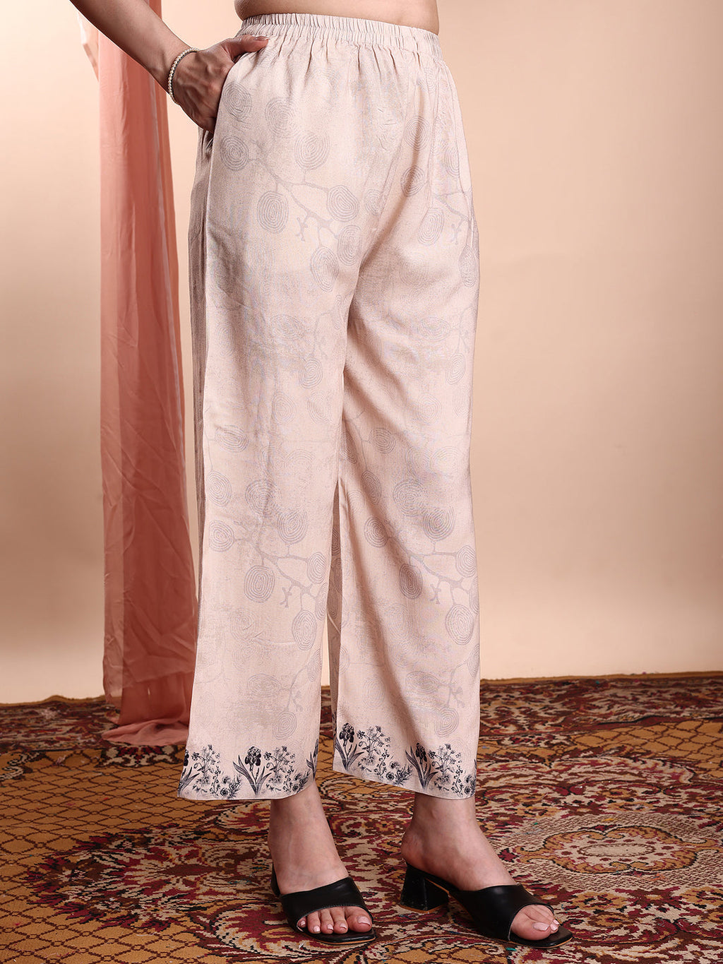 Beige Floral and Paisley Printed Tunic and Palazzo Co-Ord Set