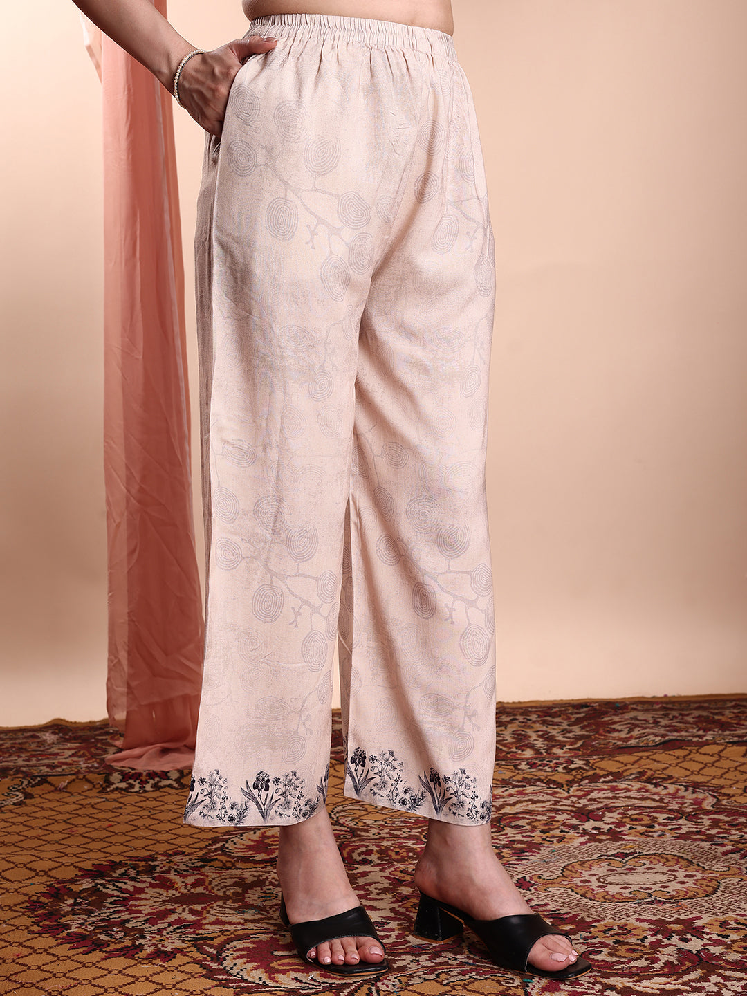 Beige Floral and Paisley Printed Tunic and Palazzo Co-Ord Set