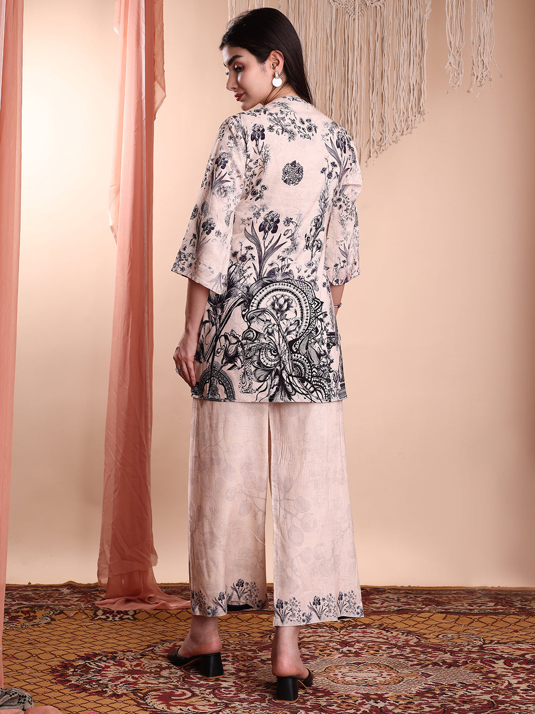 Beige Floral and Paisley Printed Tunic and Palazzo Co-Ord Set