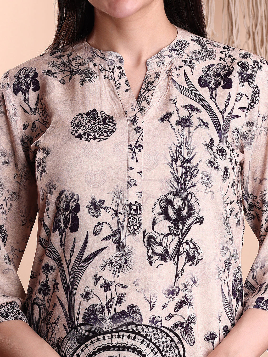 Beige Floral and Paisley Printed Tunic and Palazzo Co-Ord Set