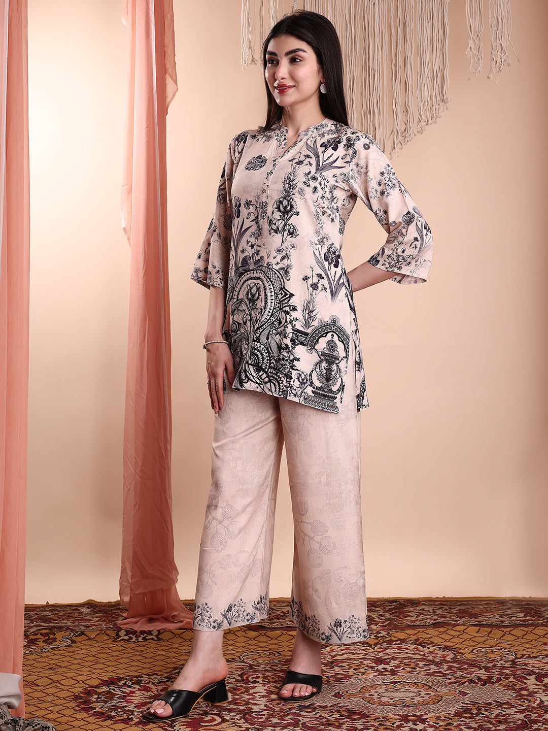 Beige Floral and Paisley Printed Tunic and Palazzo Co-Ord Set