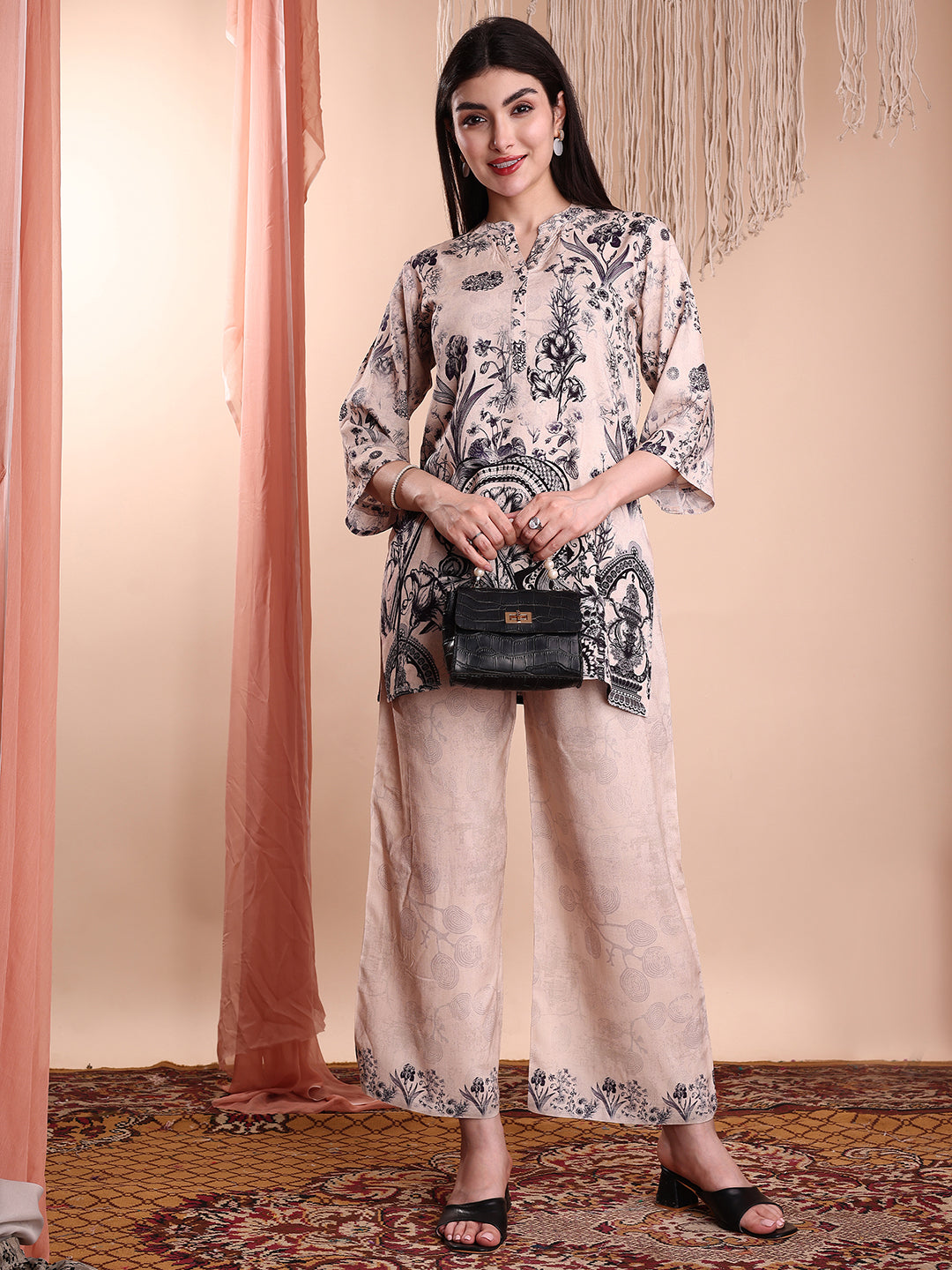 Beige Floral and Paisley Printed Tunic and Palazzo Co-Ord Set