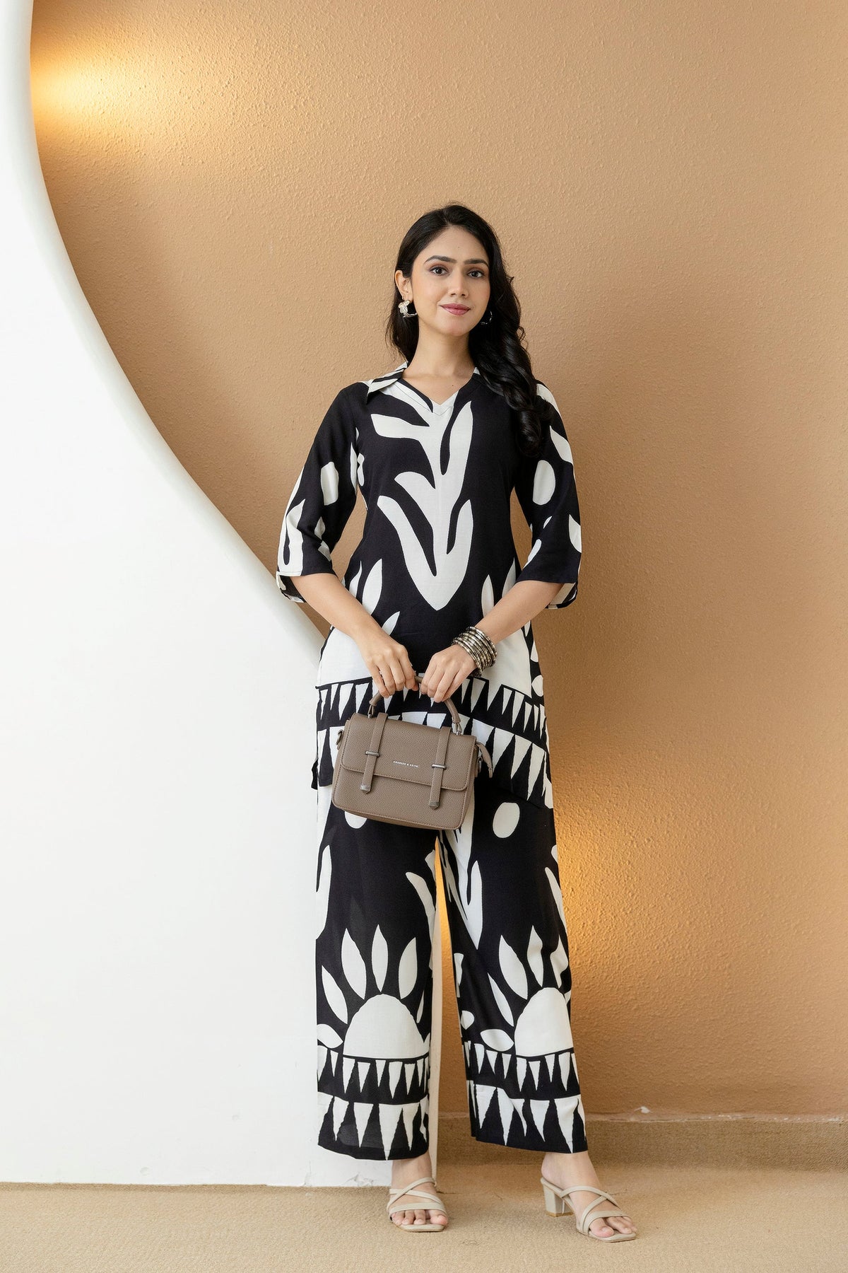 Abstract Printed Tunic and Palazzo Co-Ord Set in Black and White