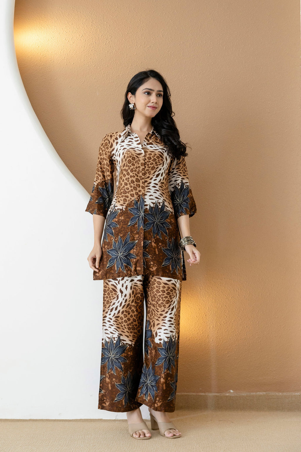 Animal & Floral Print Silk Ethnic Co-Ord Set with Palazzo - Brown