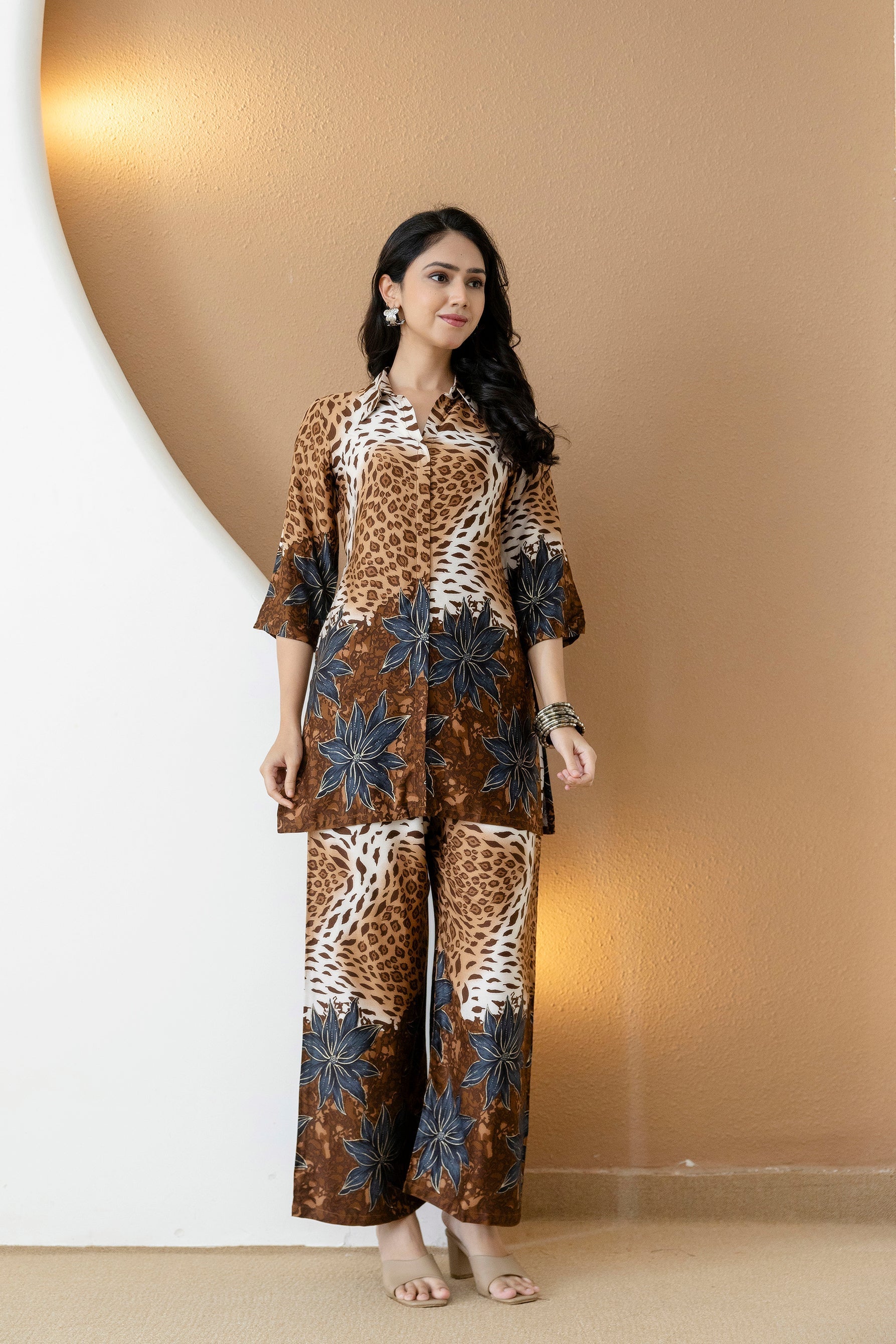 Animal & Floral Print Silk Ethnic Co-Ord Set with Palazzo - Brown