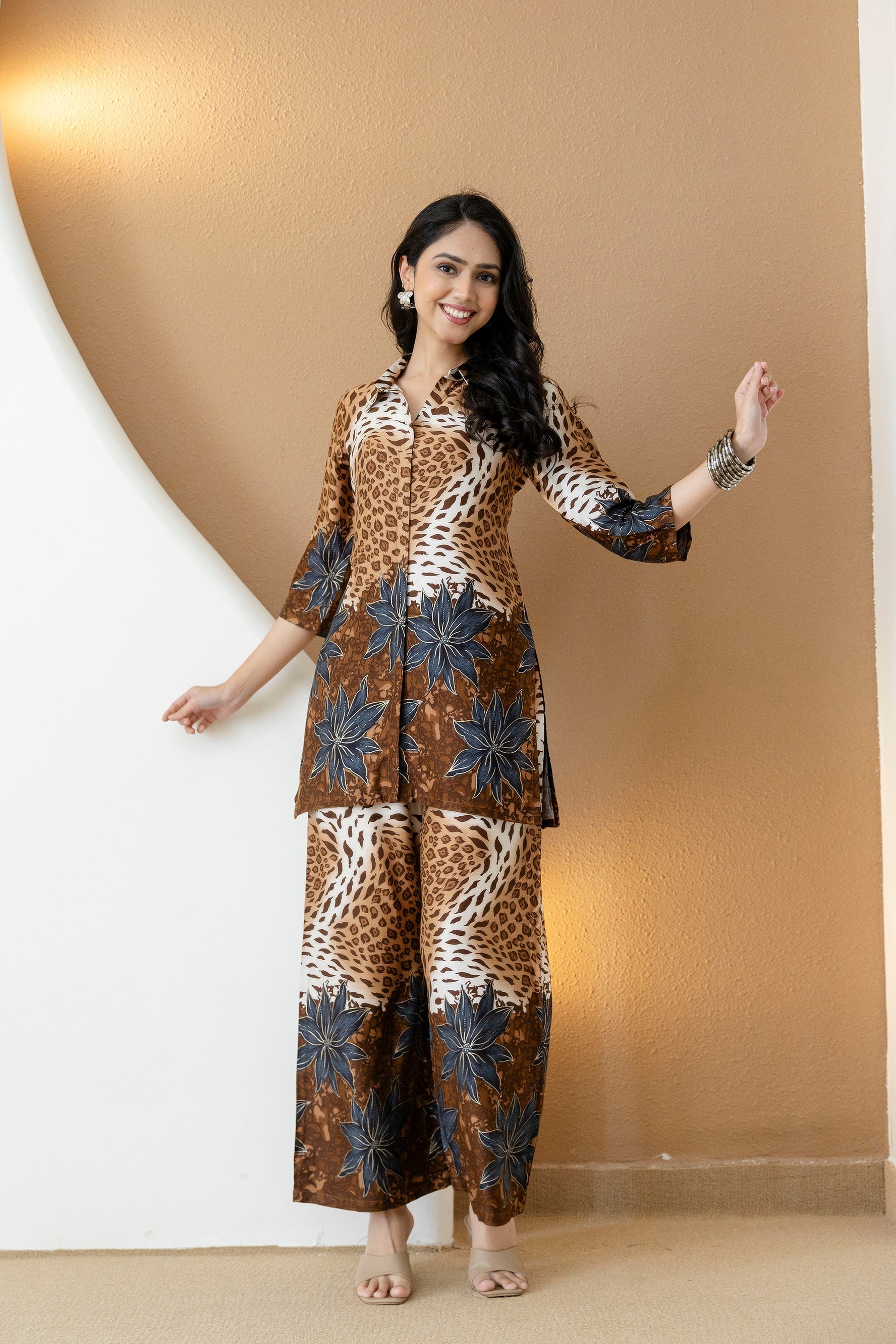 Animal & Floral Print Silk Ethnic Co-Ord Set with Palazzo - Brown